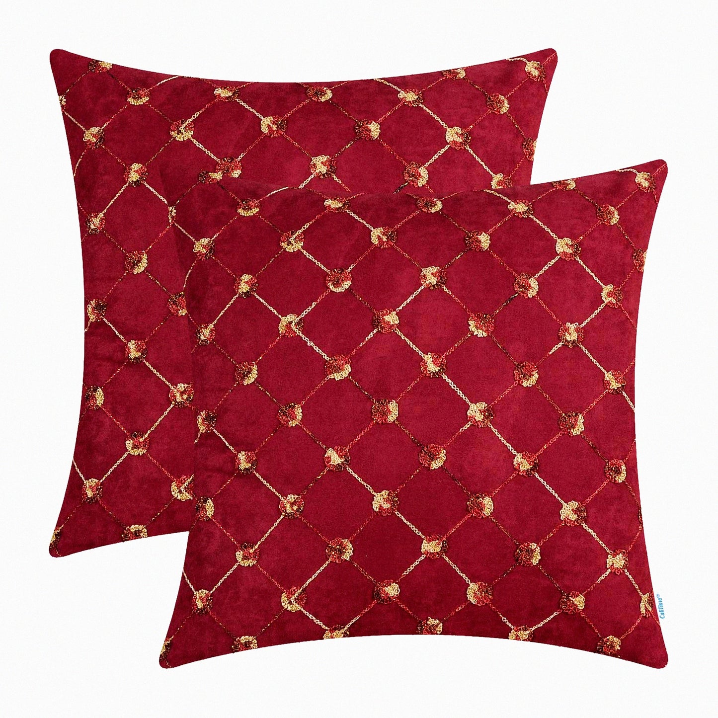 Diamond Chain Embroidered Throw Pillow Covers - Set of 2 | Modern Geometric Sofa Decor Cases | Supersoft 18 X 18 Inches Dark Red Trellis Shape