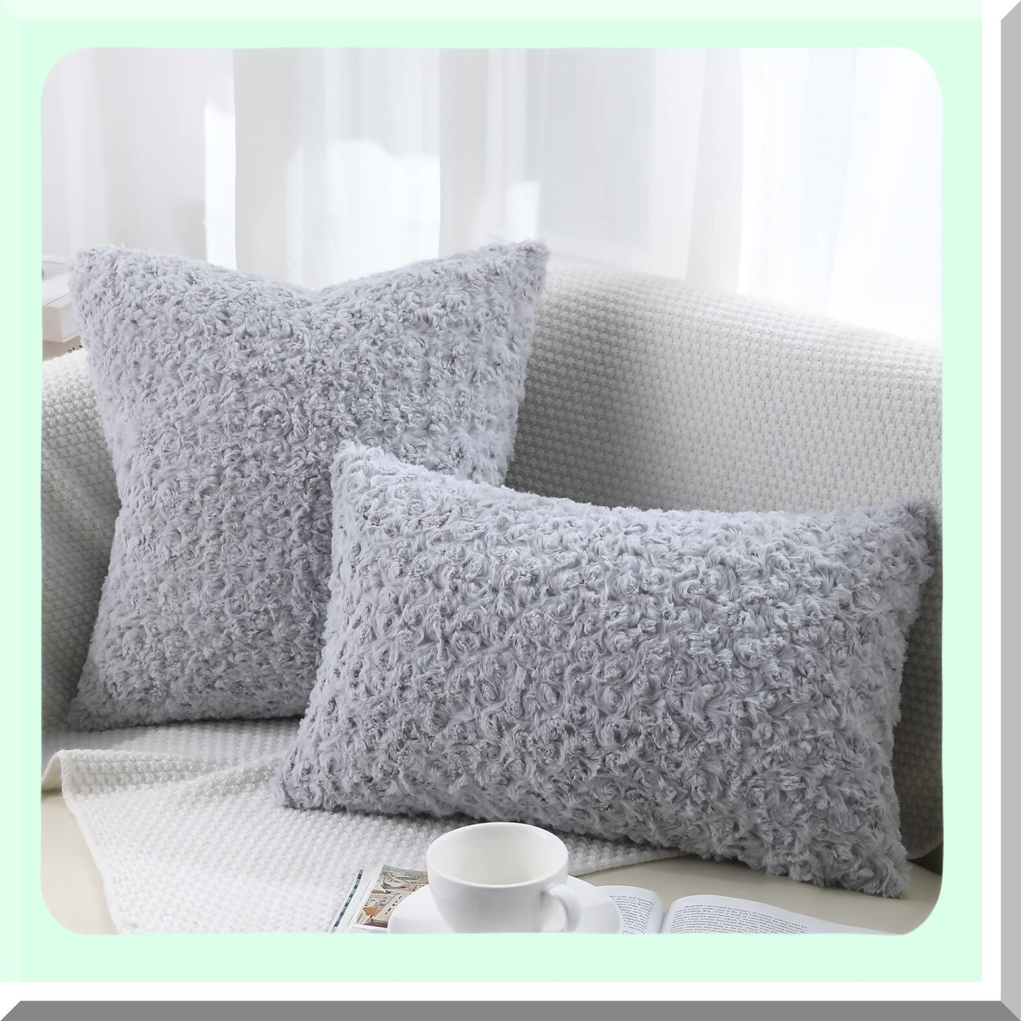 RoseDream 3D Grey Pillow Covers - Set of 2 | 18x18 Inch Fluffy Decorative Cushion Covers for Couch, Bed, Sofa | Soft Rose Pattern Design