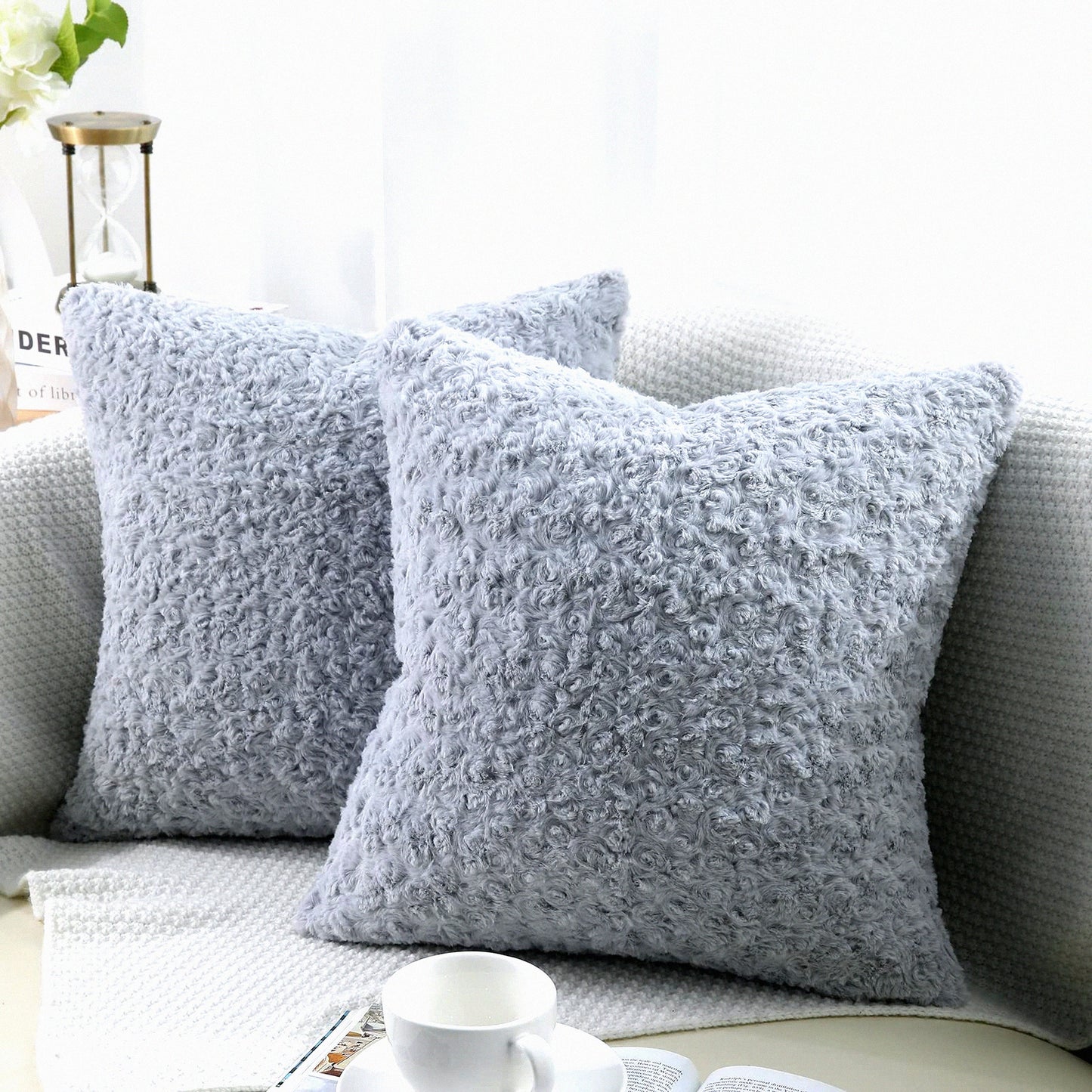 RoseDream 3D Grey Pillow Covers - Set of 2 | 18x18 Inch Fluffy Decorative Cushion Covers for Couch, Bed, Sofa | Soft Rose Pattern Design