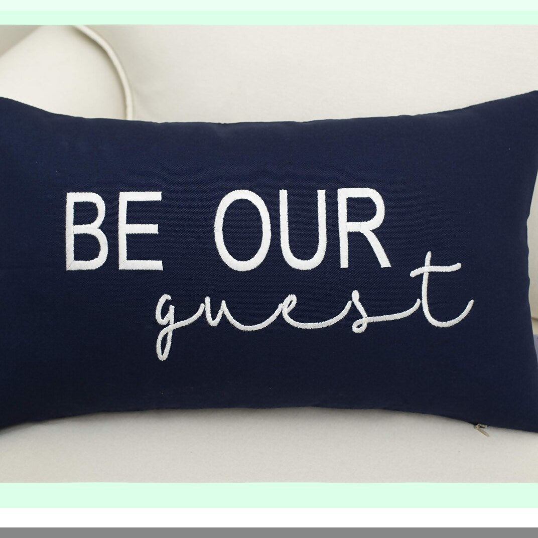 Navy Blue Entryway Guestroom Lumbar Pillow Cover - 12x20 Inches - Decorative Accent for Living Room - Embroidered Be Our Guest