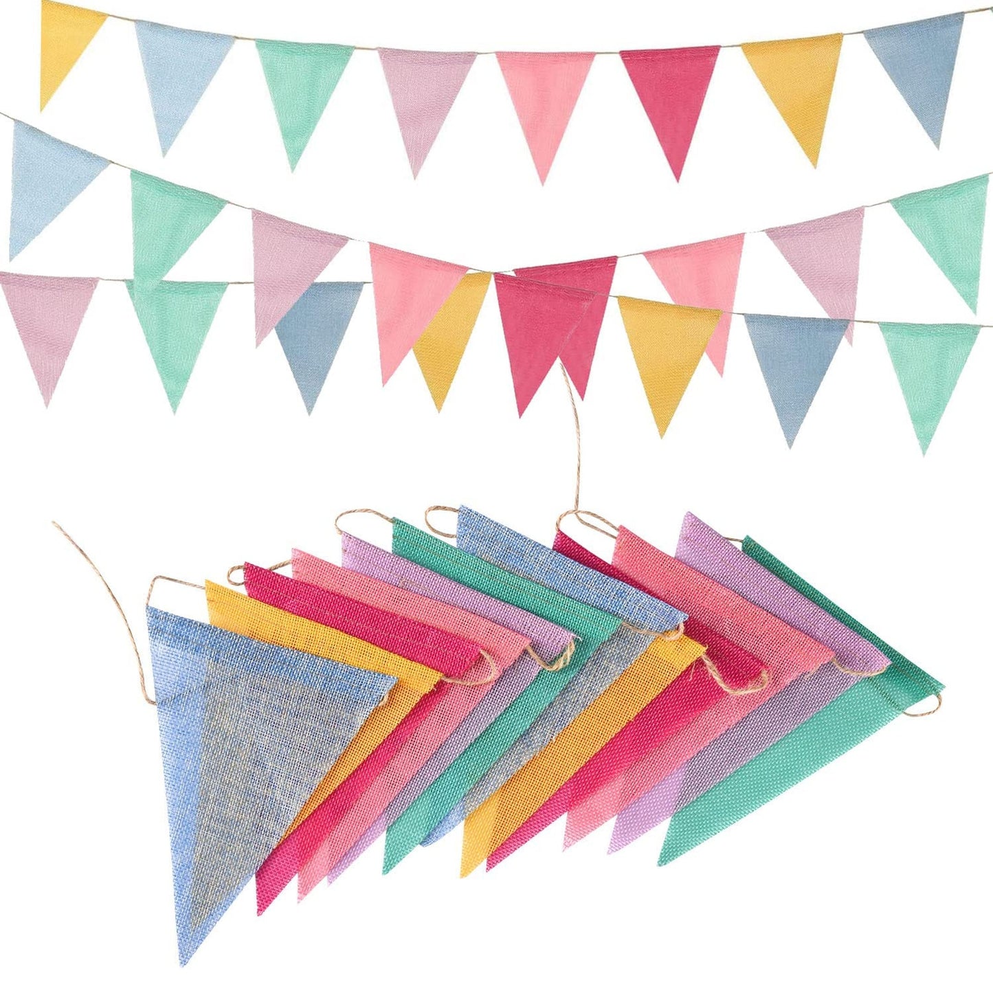 Pastel Triangle Party Pennants - Colorful Birthday Classroom School Garland Bunting Flags - Outdoor Burlap Banner Decor - 4 String Set
