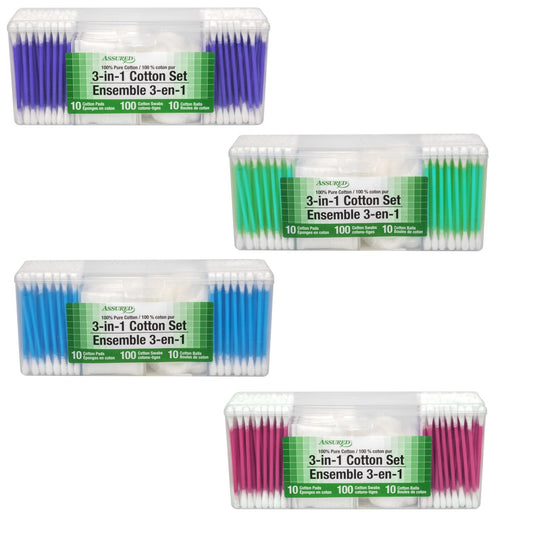 Assured 3-in-1 Cotton Sets in Travel Cases, 7x1.75x3 in. (Pack of 48)