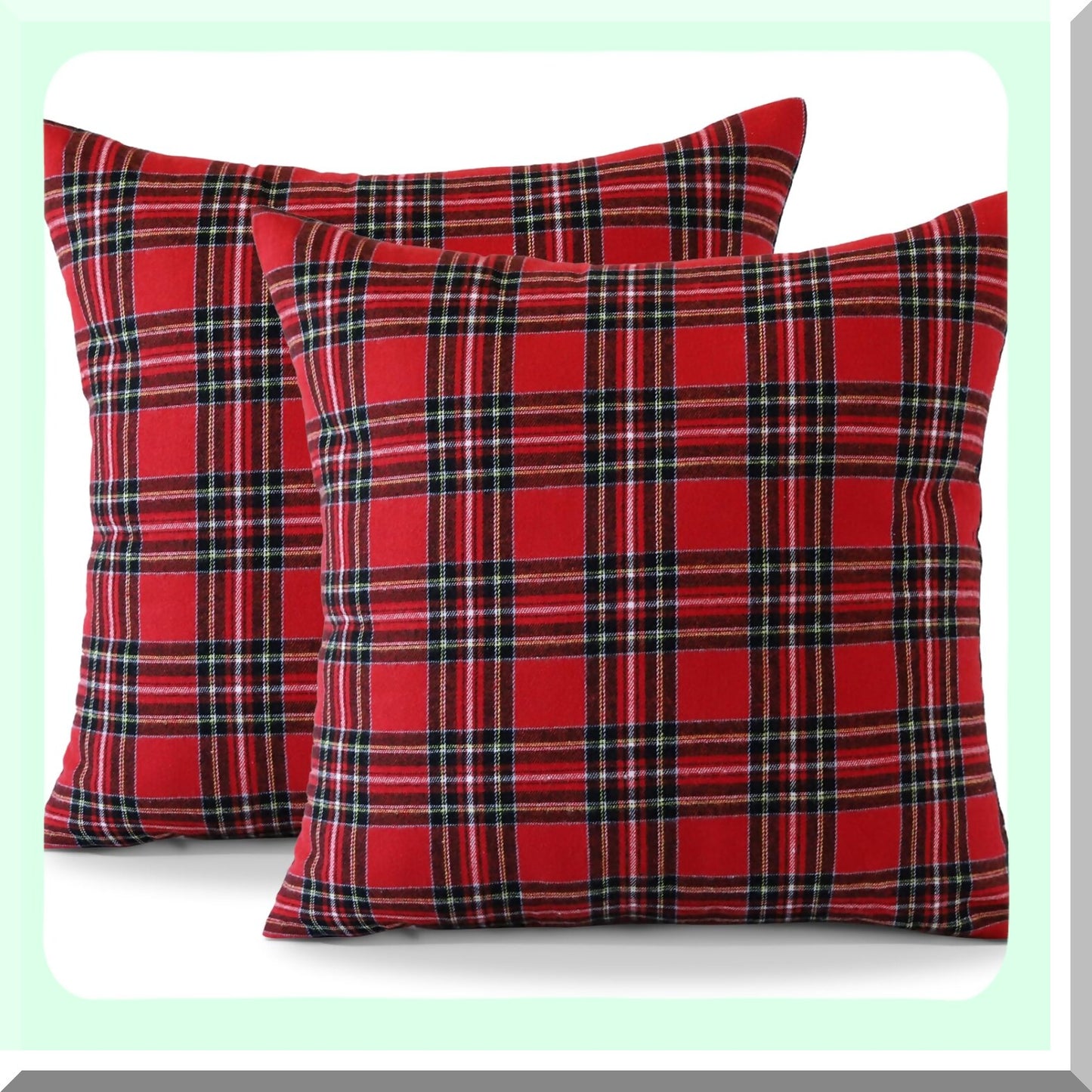 Farmhouse Chic Plaid Pillow Covers - Set of 2, 24x24 Inch Decorative Cushion Cases for Sofa, Couch, Bed, Bedroom, Living Room - Red Tartan Design