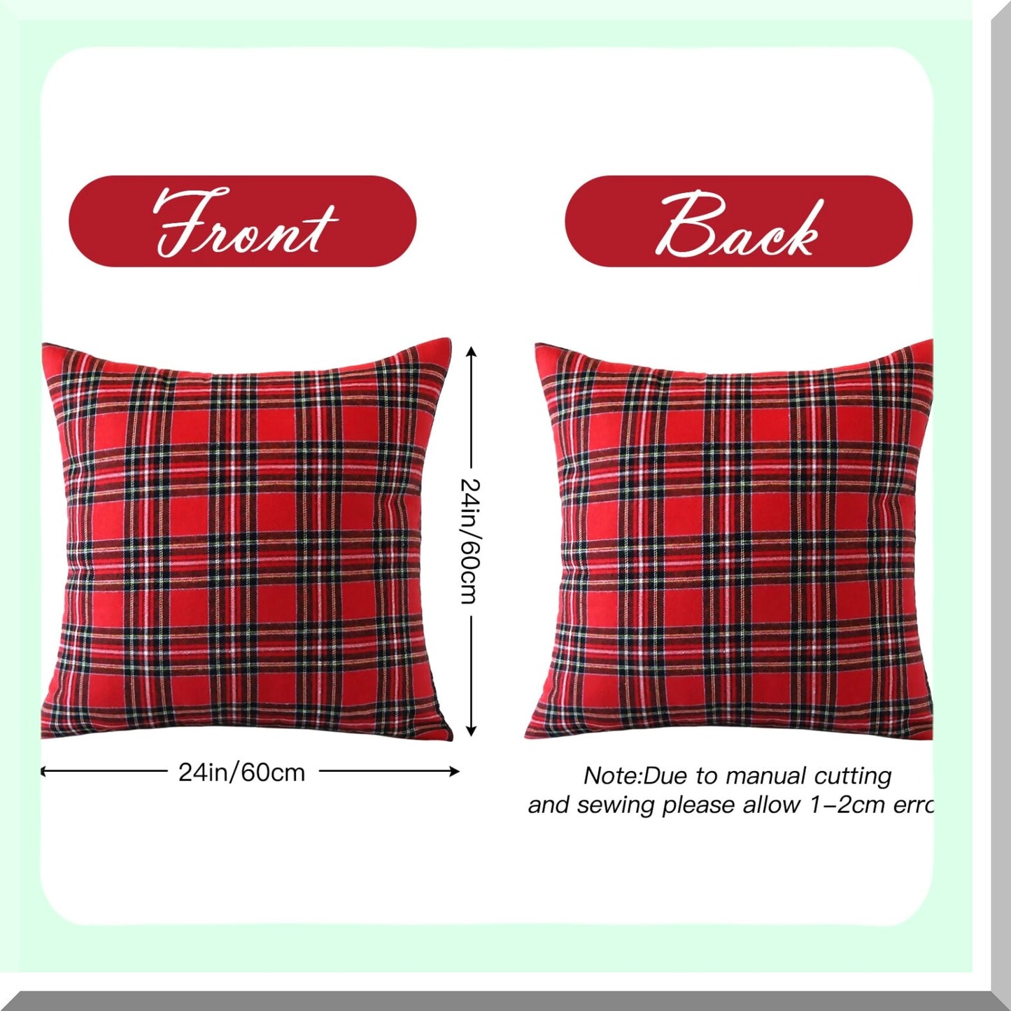 Farmhouse Chic Plaid Pillow Covers - Set of 2, 24x24 Inch Decorative Cushion Cases for Sofa, Couch, Bed, Bedroom, Living Room - Red Tartan Design