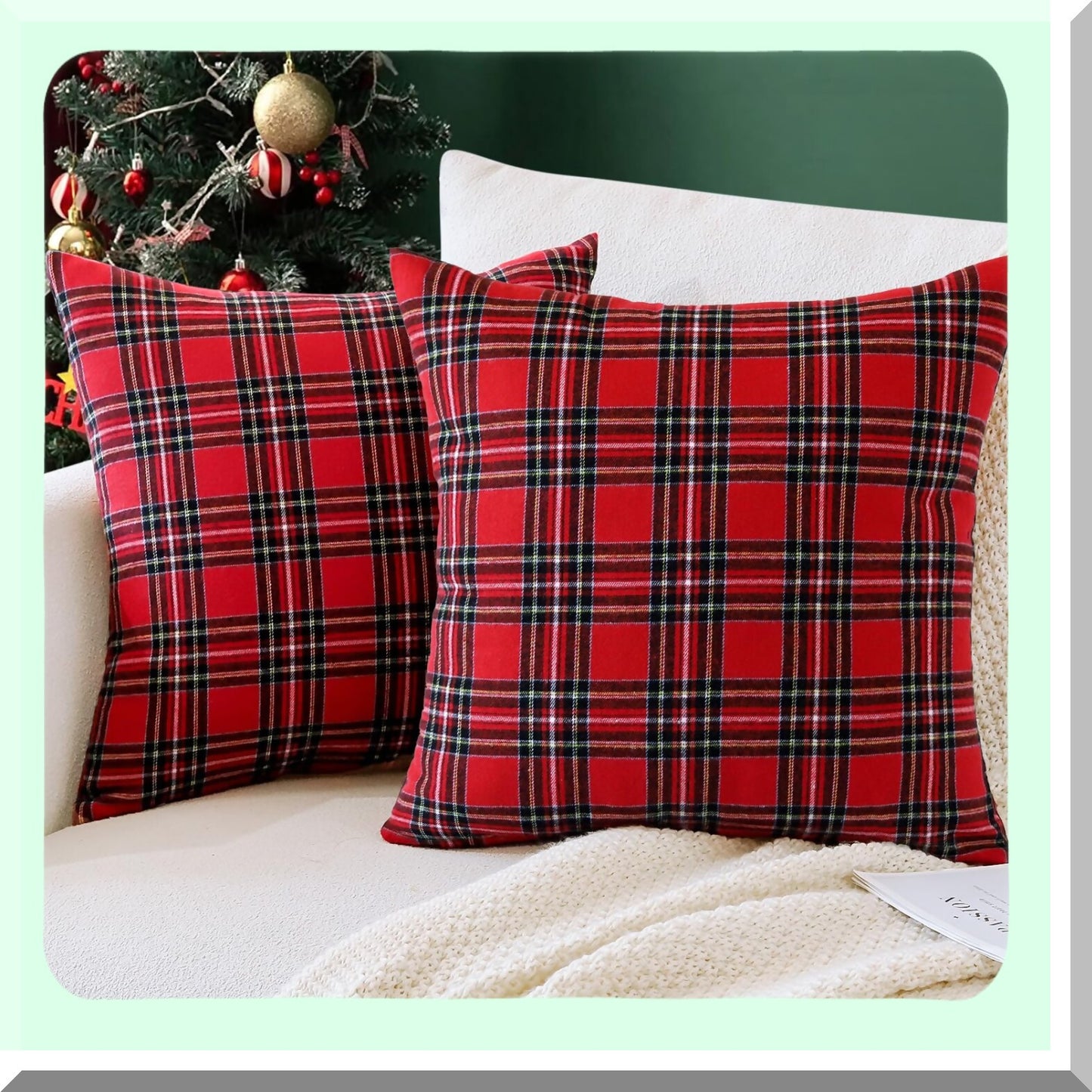 Farmhouse Chic Plaid Pillow Covers - Set of 2, 24x24 Inch Decorative Cushion Cases for Sofa, Couch, Bed, Bedroom, Living Room - Red Tartan Design