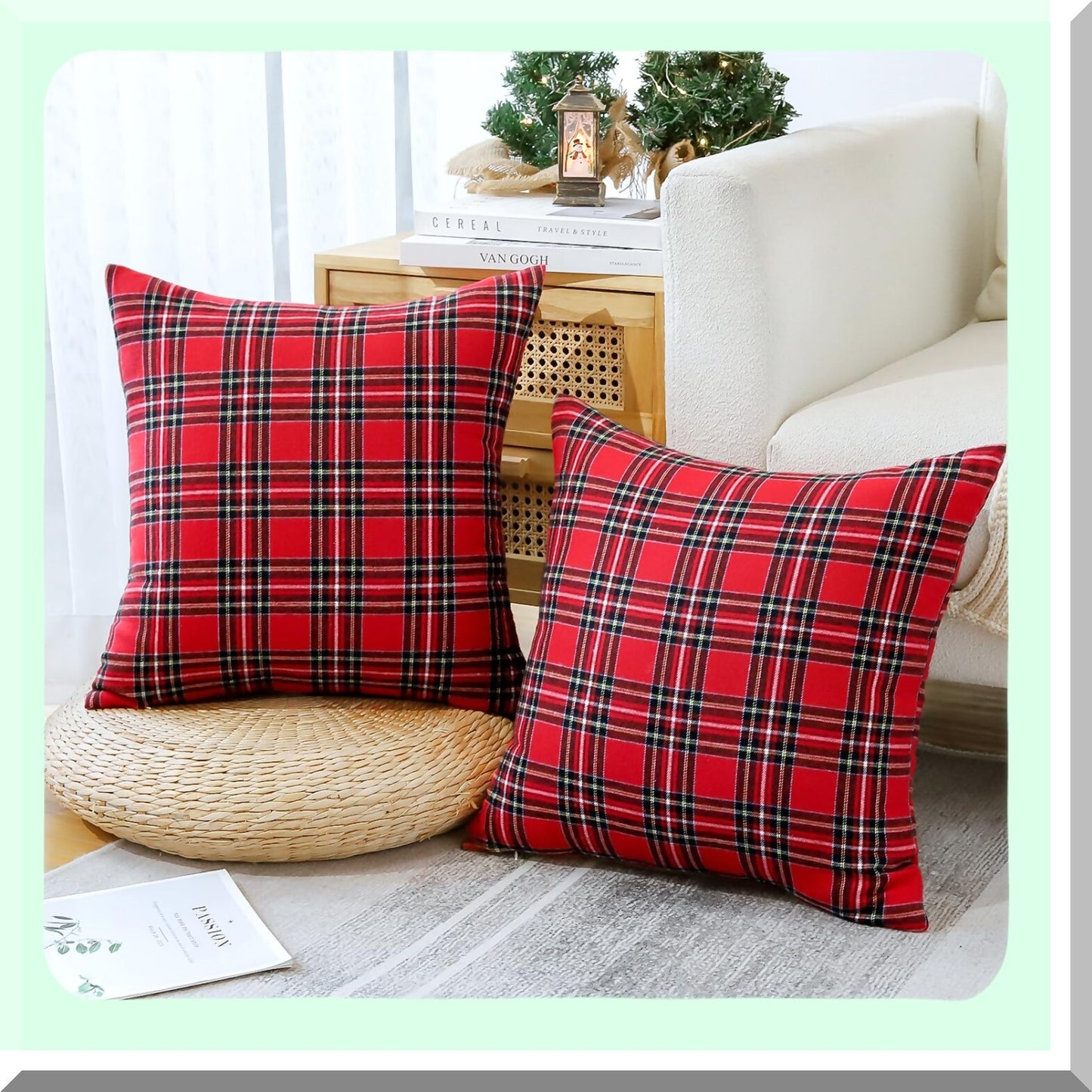 Farmhouse Chic Plaid Pillow Covers - Set of 2, 24x24 Inch Decorative Cushion Cases for Sofa, Couch, Bed, Bedroom, Living Room - Red Tartan Design