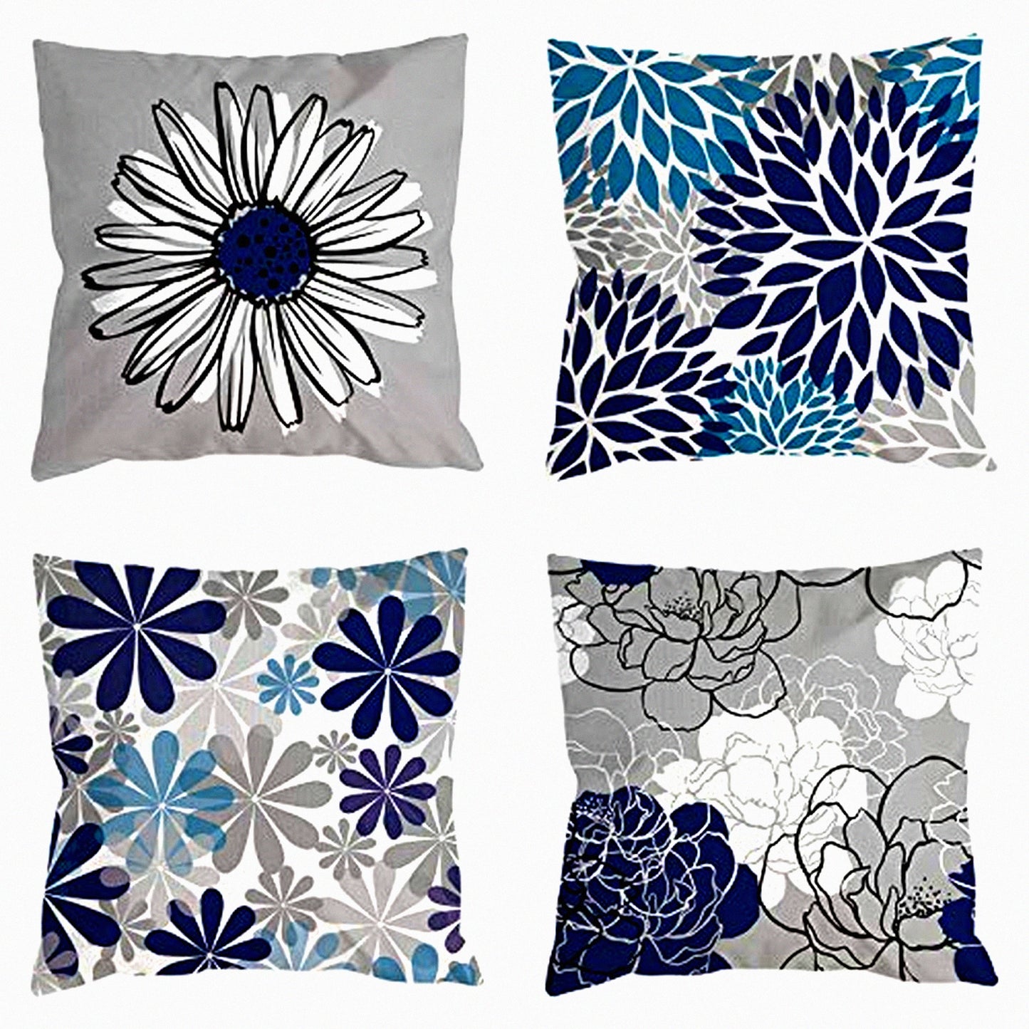 Daisy Blue Grey Pillow Set - Modern Decorative Throw Covers 18x18 for Couch & Living Room - Cushion Bed & Outdoor Navy Gray Home Decor Case