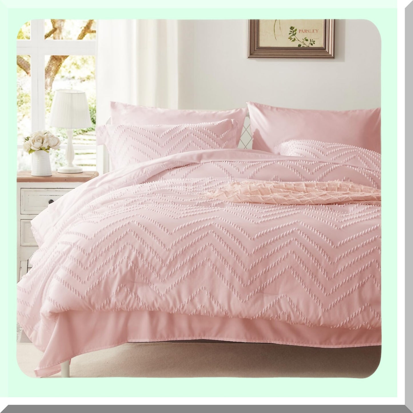 Pink Bliss Comforter Set - 7 Piece Bed in a Bag with Tufted Comforter, Sheets, and Pillowcases - All Season Bedding Collection for Ultimate Comfort and Style