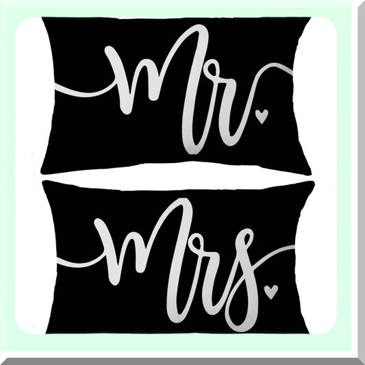 Funny Couple Cushion Cover Set - 12x20 Inch Home Decor Gift for Couples - Black Wedding Pillow Case Pair - Mr. and Mrs. Gift Ideas