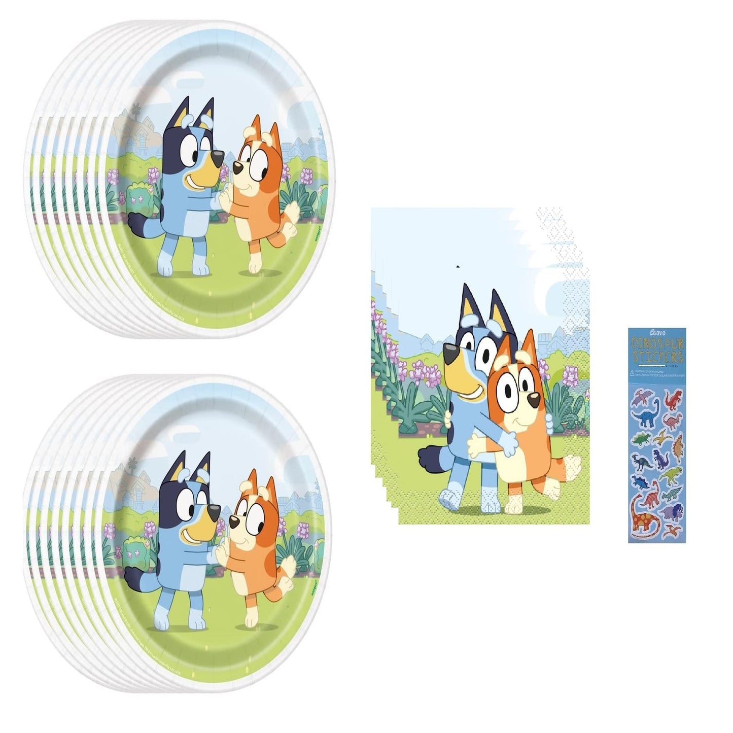 Bluey Dino Birthday Bash Pack - 16 Dessert Plates, 16 Cake Napkins, Dino Sticker Sheet - Party Supplies Bundle for 16 Guests - Fun and Festive Decor!