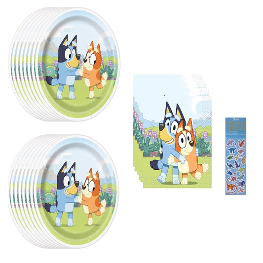 Bluey Dino Birthday Bash Pack - 16 Dessert Plates, 16 Cake Napkins, Dino Sticker Sheet - Party Supplies Bundle for 16 Guests - Fun and Festive Decor!