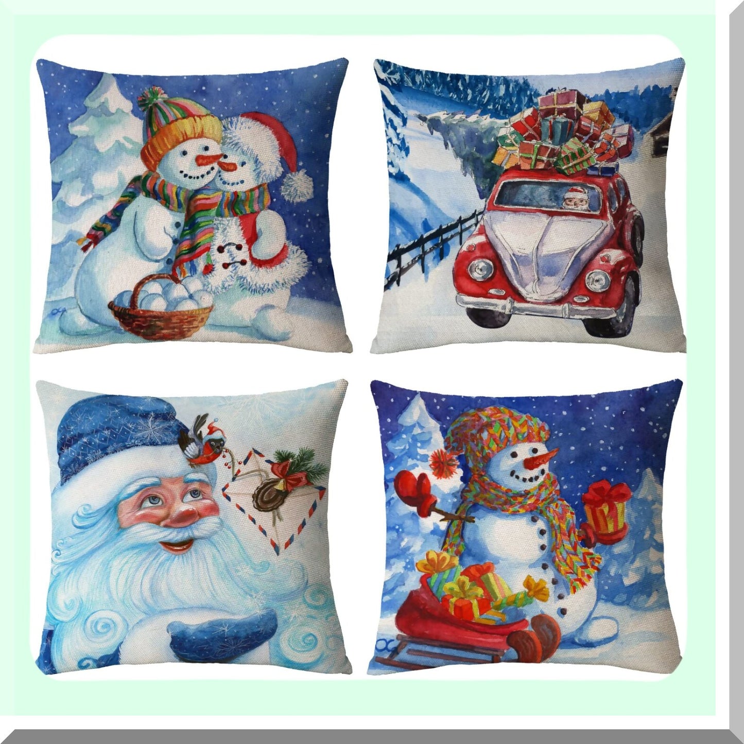 Snowman Winter Holiday Pillow Covers - Set of 4 Xmas Throw Pillows - Festive Snowman Pillow Cases for Home Outdoor Sofa - 18x18 Couch Cushion Covers