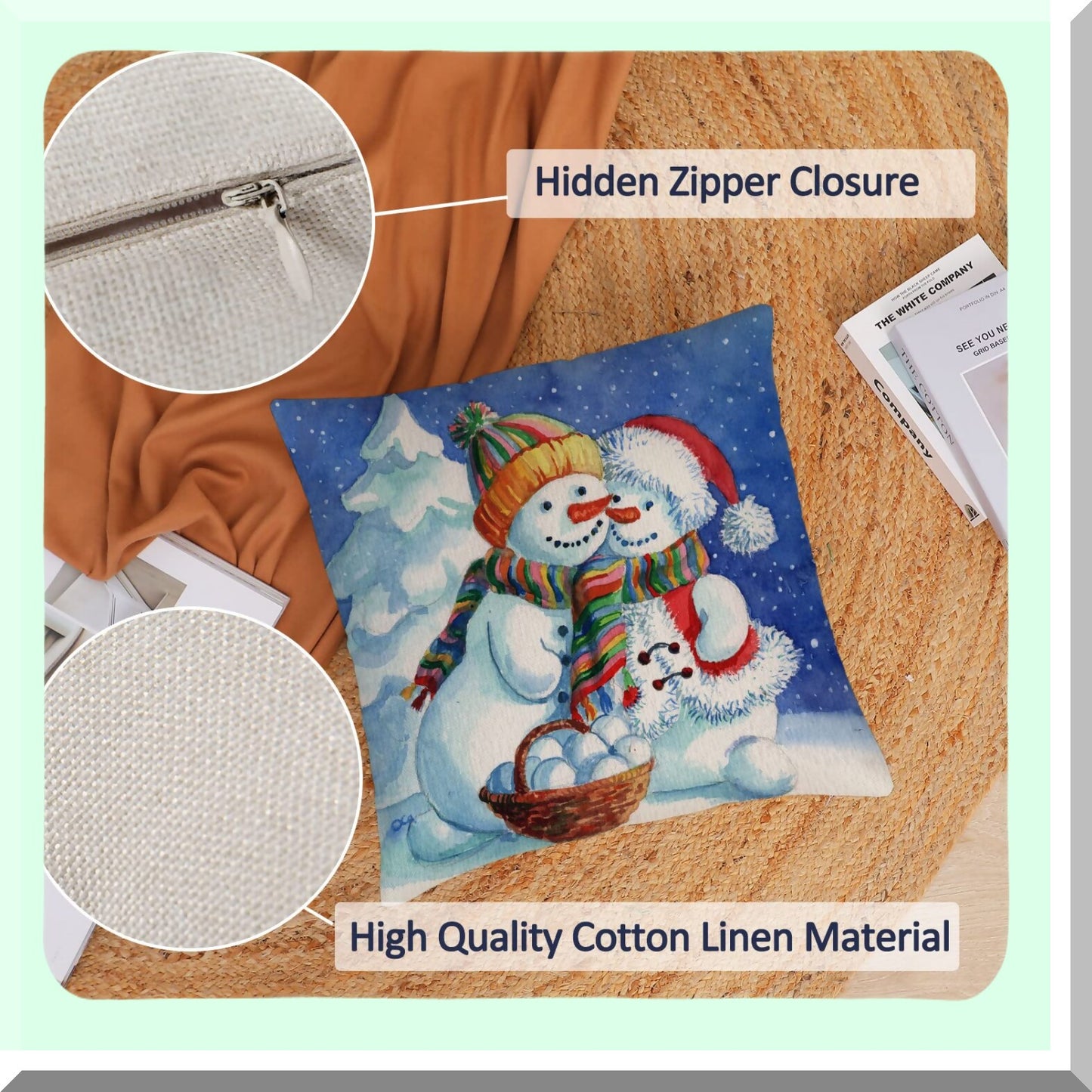 Snowman Winter Holiday Pillow Covers - Set of 4 Xmas Throw Pillows - Festive Snowman Pillow Cases for Home Outdoor Sofa - 18x18 Couch Cushion Covers