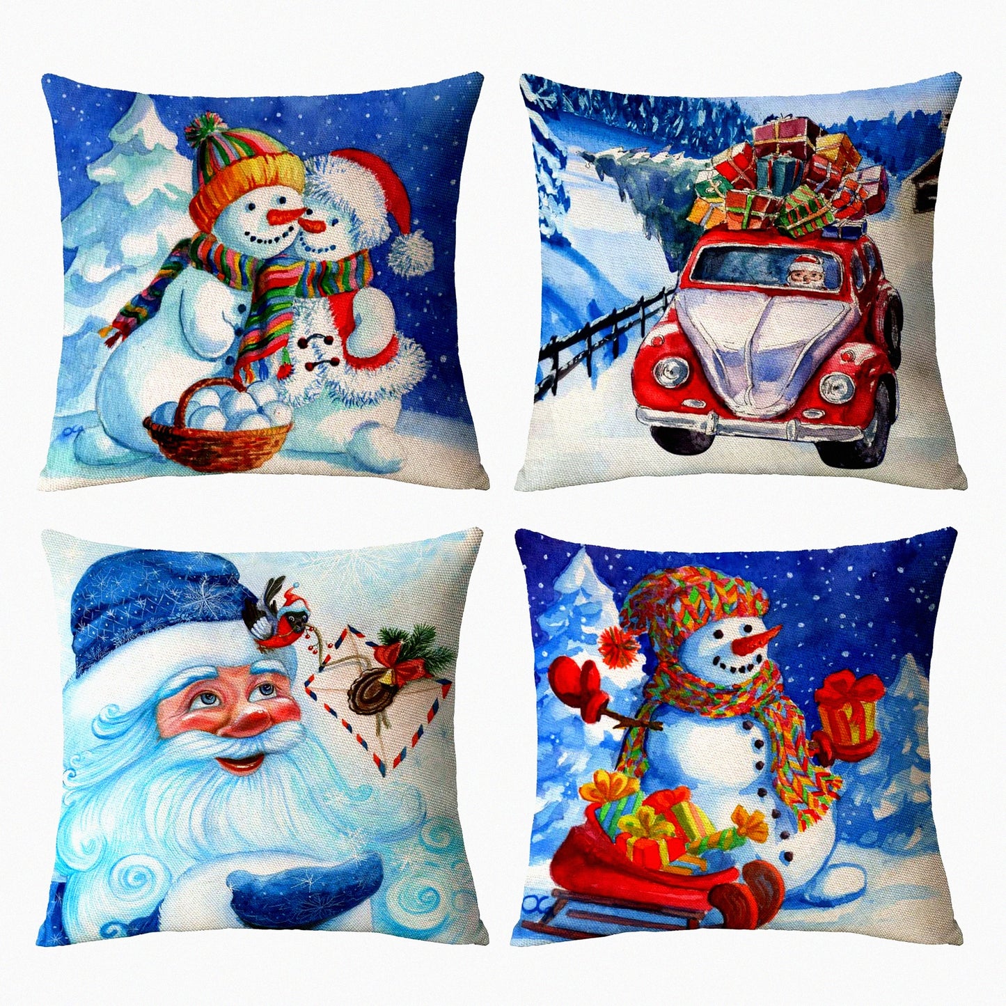 Snowman Winter Holiday Pillow Covers - Set of 4 Xmas Throw Pillows - Festive Snowman Pillow Cases for Home Outdoor Sofa - 18x18 Couch Cushion Covers