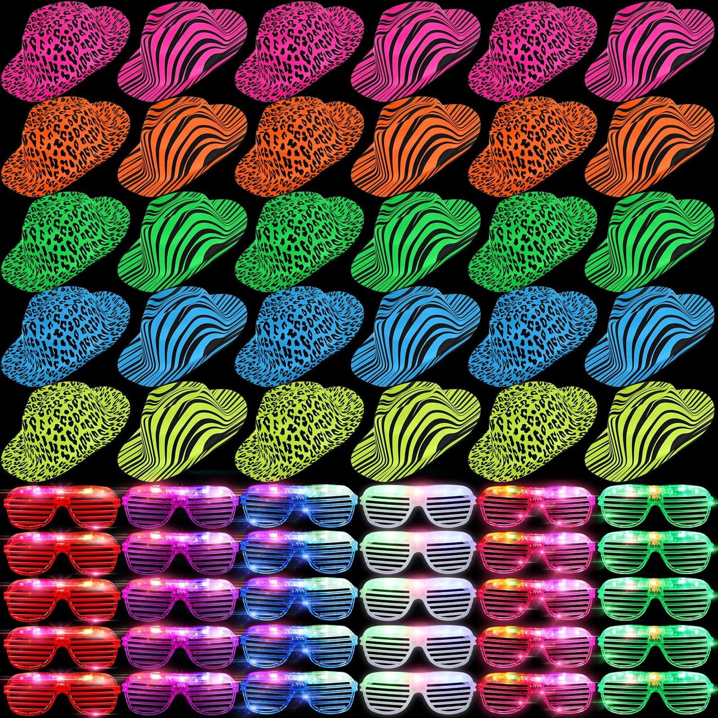 Neon Glow Party Pack - 60 LED Hats & Gles Set for Kids & Adults - Flashing Light Up Accessories for Birthdays, Bachelorettes & Events
