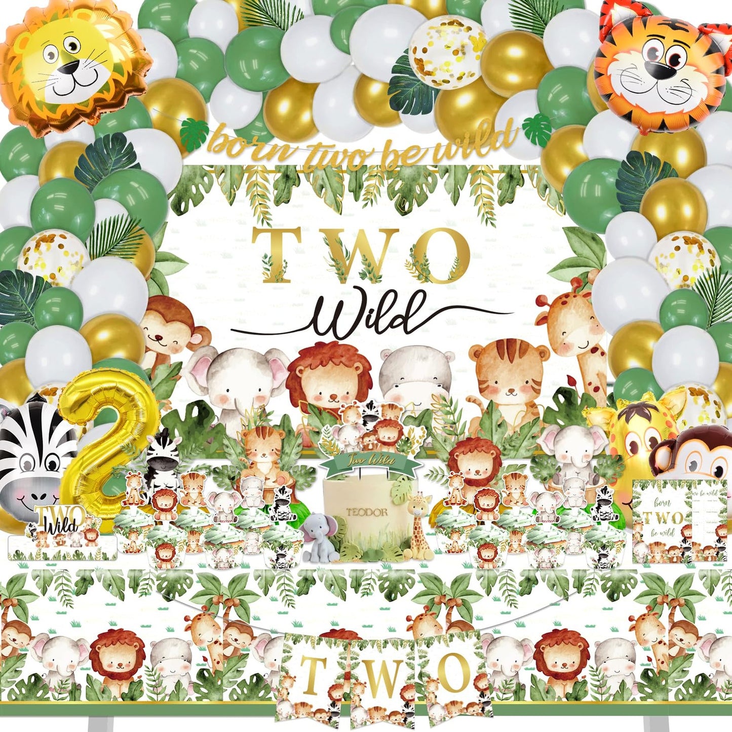 Jungle Safari Birthday Party Pack - 159 Pcs Set for Boys & Girls. Includes Two Wild Backdrop, Cake & Cupcake Toppers, Balloons, Tablecloth, Palm Leaves & More!