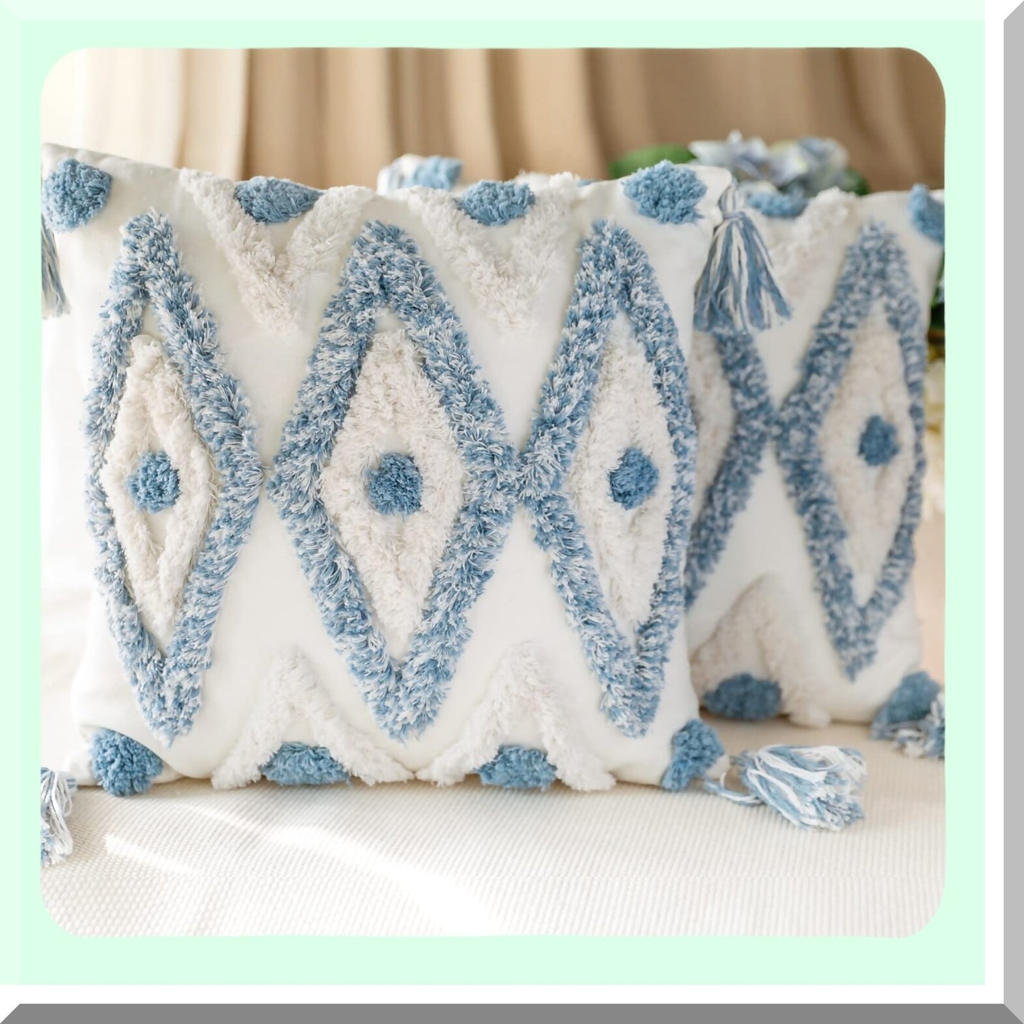 Boho Chic Tufted Tassel Pillow Covers - Set of 2 Decorative Square Pillowcases for Couch Sofa Bed, Farmhouse Living Room - 18x18 Inch Blue