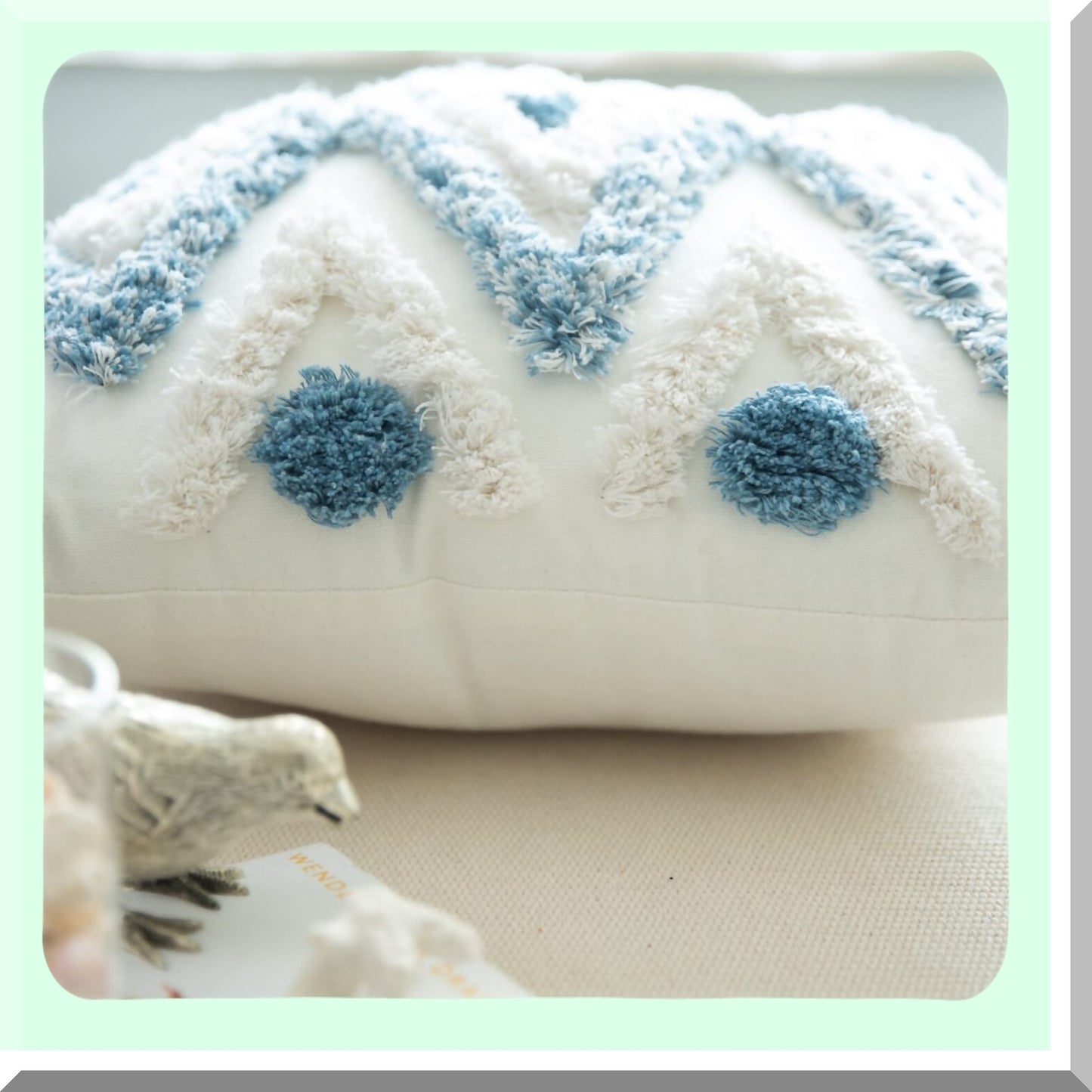 Boho Chic Tufted Tassel Pillow Covers - Set of 2 Decorative Square Pillowcases for Couch Sofa Bed, Farmhouse Living Room - 18x18 Inch Blue