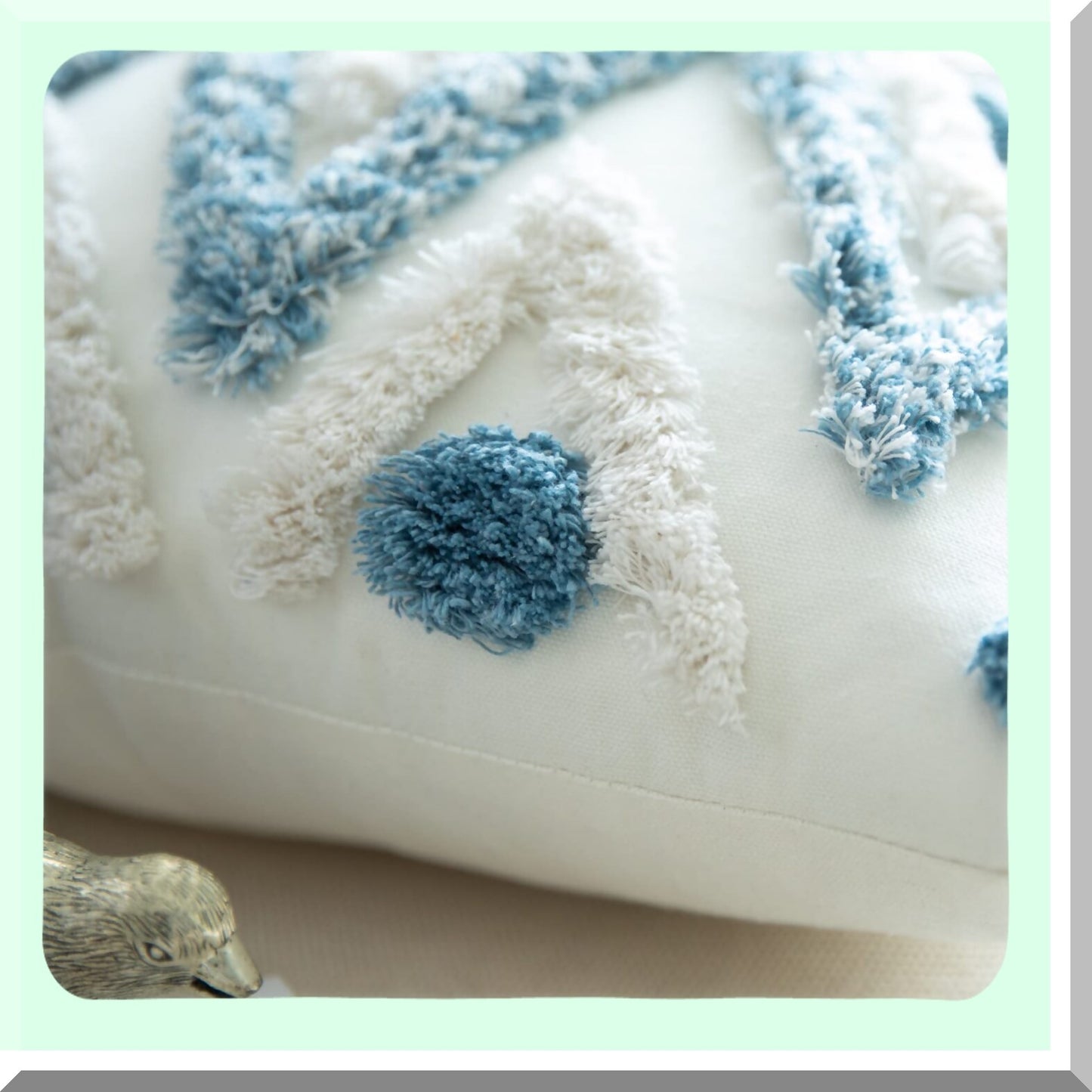 Boho Chic Tufted Tassel Pillow Covers - Set of 2 Decorative Square Pillowcases for Couch Sofa Bed, Farmhouse Living Room - 18x18 Inch Blue