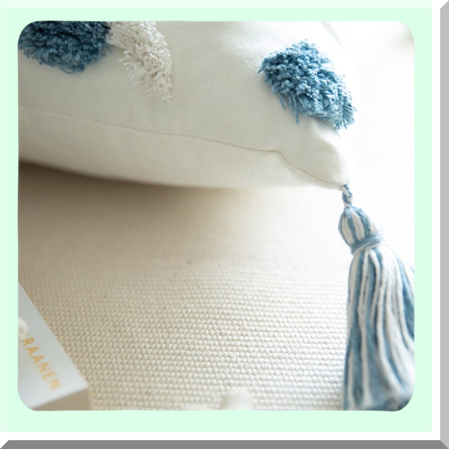 Boho Chic Tufted Tassel Pillow Covers - Set of 2 Decorative Square Pillowcases for Couch Sofa Bed, Farmhouse Living Room - 18x18 Inch Blue