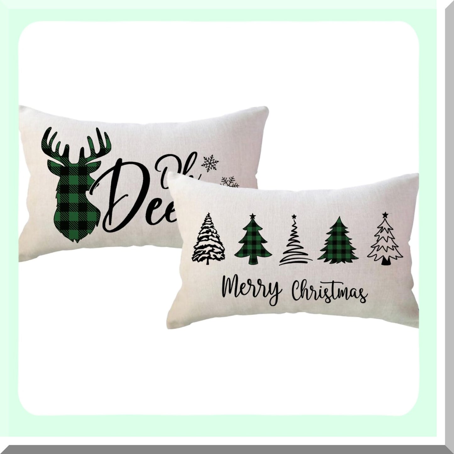 Winter Wonderland Plaid Deer Pillow Covers - Set of 2 Festive Xmas Tree Lumbar Cushion Covers for Holiday Home Decor - Green and Black Buffalo Check