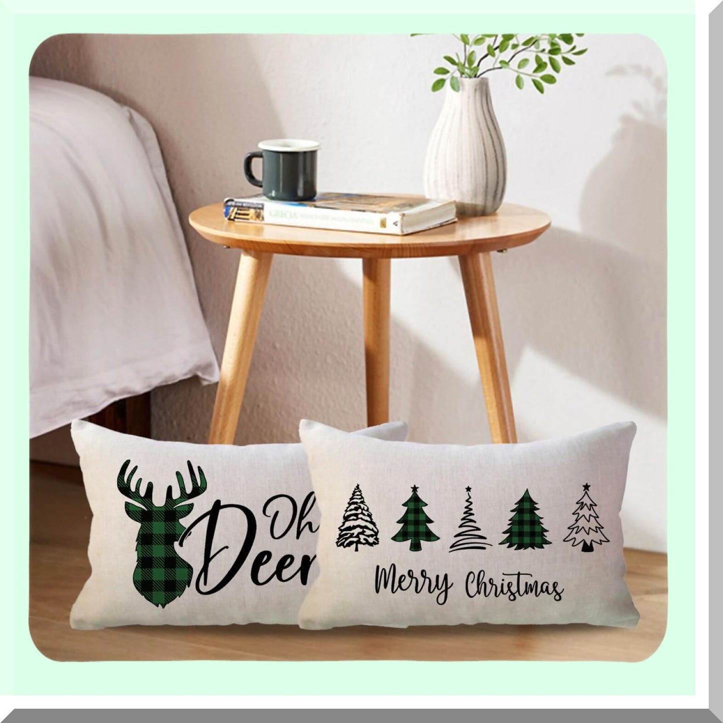 Winter Wonderland Plaid Deer Pillow Covers - Set of 2 Festive Xmas Tree Lumbar Cushion Covers for Holiday Home Decor - Green and Black Buffalo Check