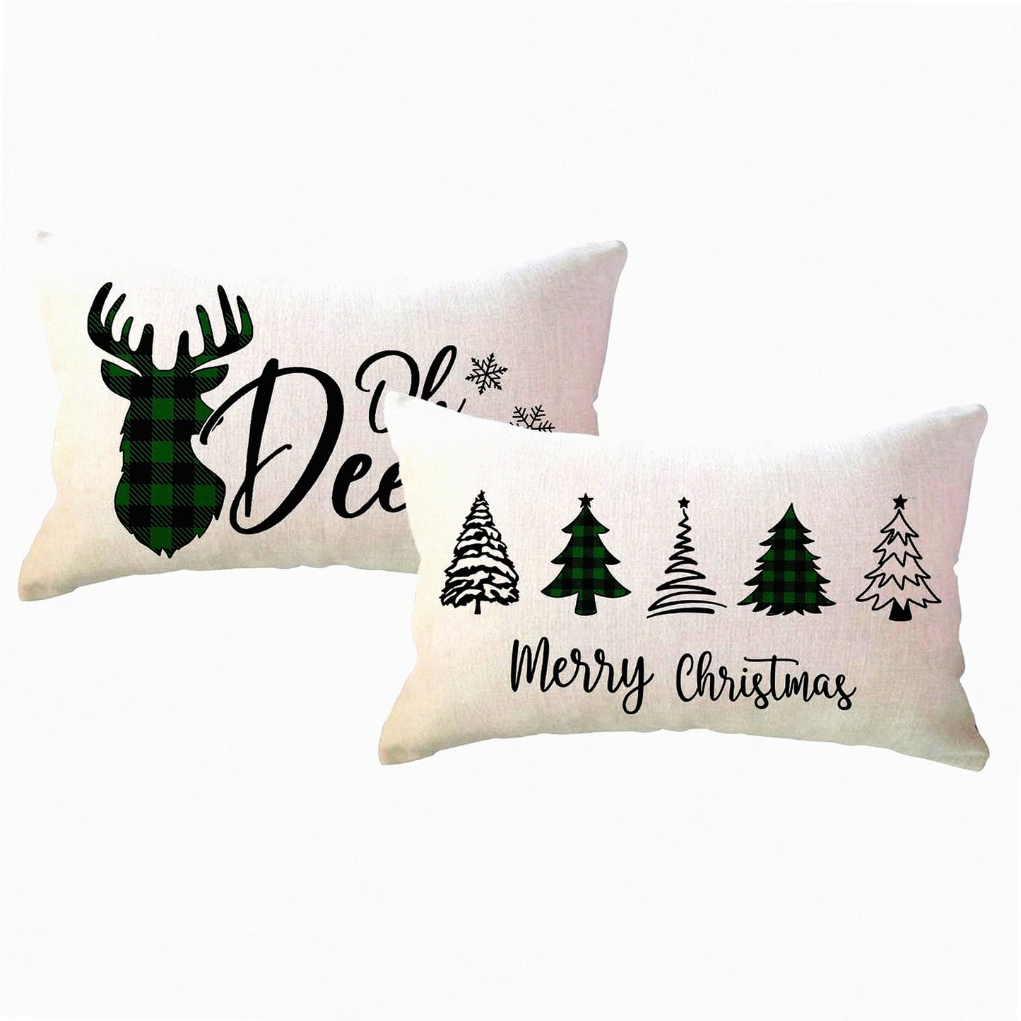 Winter Wonderland Plaid Deer Pillow Covers - Set of 2 Festive Xmas Tree Lumbar Cushion Covers for Holiday Home Decor - Green and Black Buffalo Check
