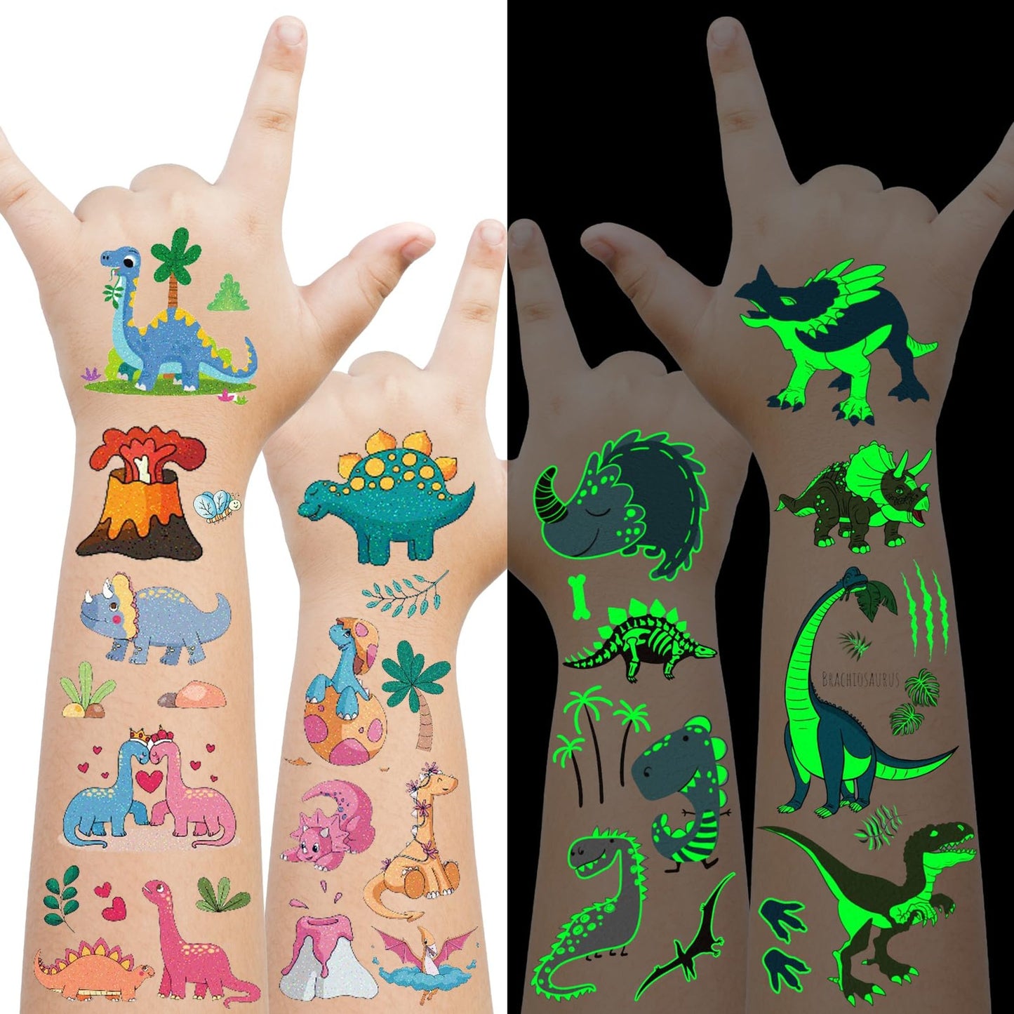 Glow and Glitter Dinosaur Temporary Tattoos for Kids