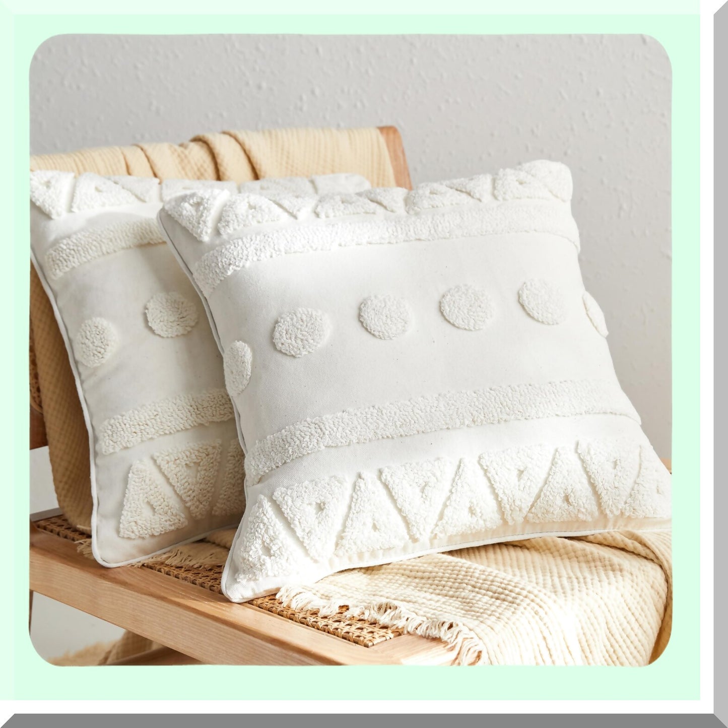 Geometric Boho Cotton Throw Pillow Covers - Set of 2, 18x18 Inch Cream Cushion Cases for Sofa Bed, Soft Textured Farmhouse Decor Accent