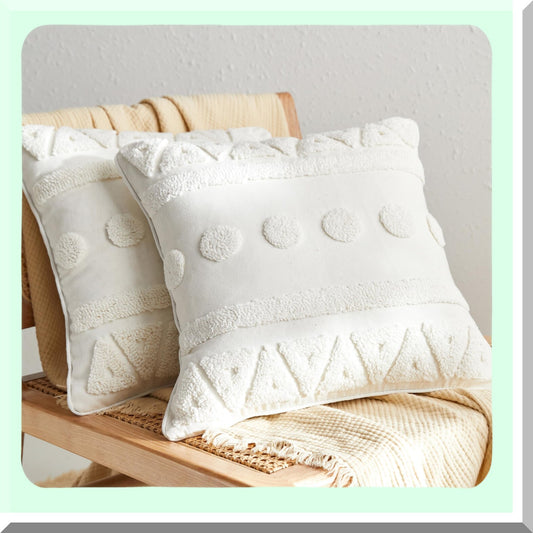 Geometric Boho Cotton Throw Pillow Covers - Set of 2, 18x18 Inch Cream Cushion Cases for Sofa Bed, Soft Textured Farmhouse Decor Accent