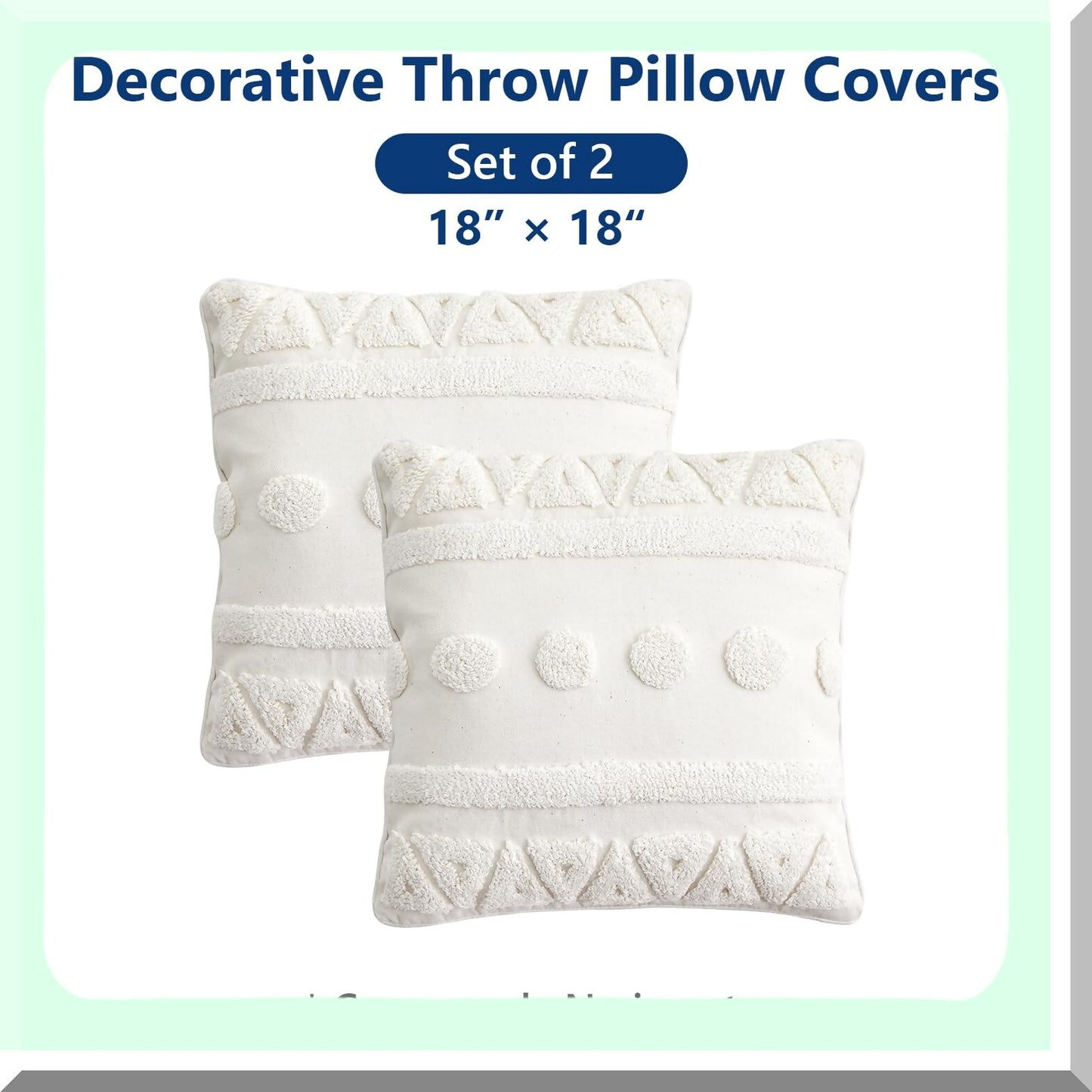 Geometric Boho Cotton Throw Pillow Covers - Set of 2, 18x18 Inch Cream Cushion Cases for Sofa Bed, Soft Textured Farmhouse Decor Accent