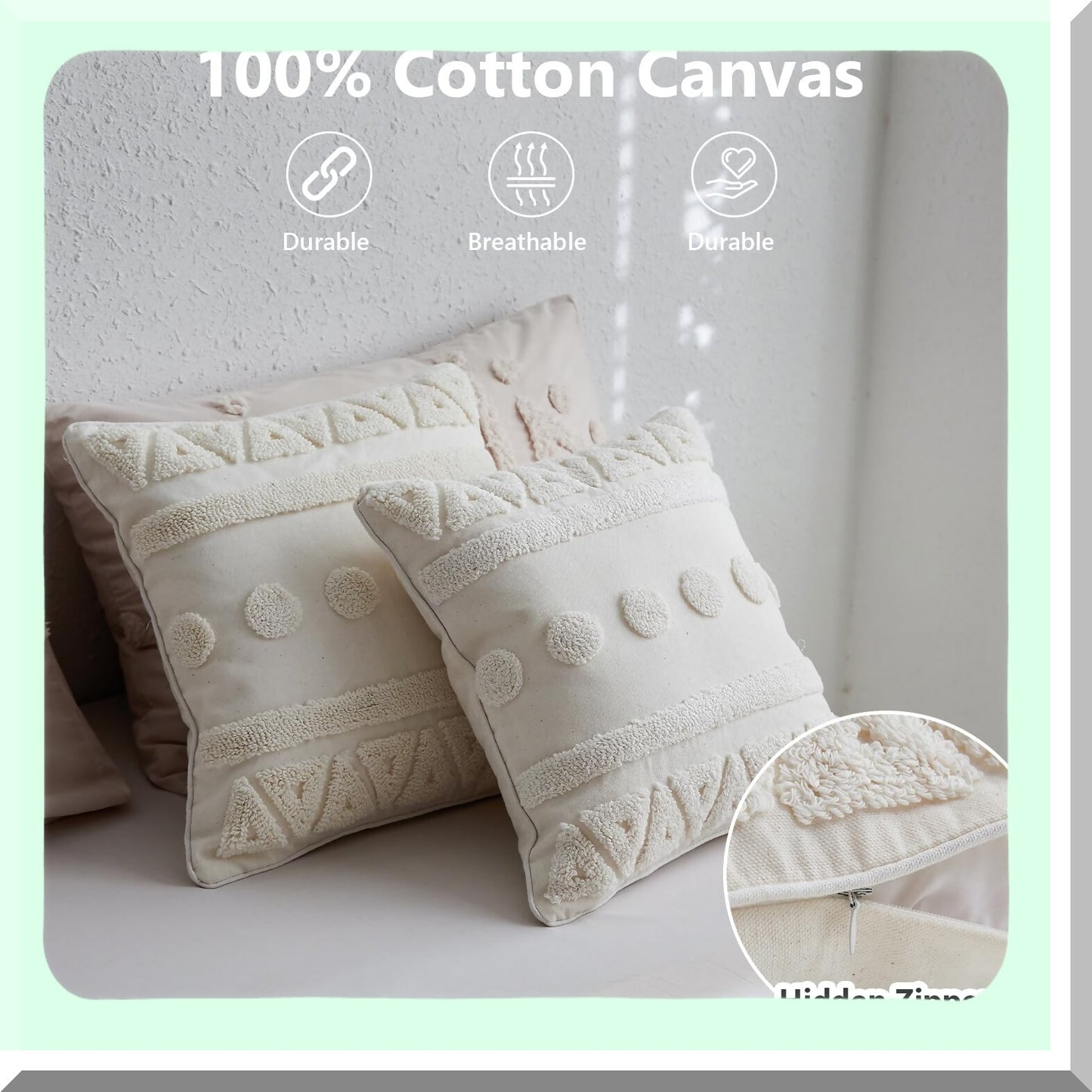 Geometric Boho Cotton Throw Pillow Covers - Set of 2, 18x18 Inch Cream Cushion Cases for Sofa Bed, Soft Textured Farmhouse Decor Accent