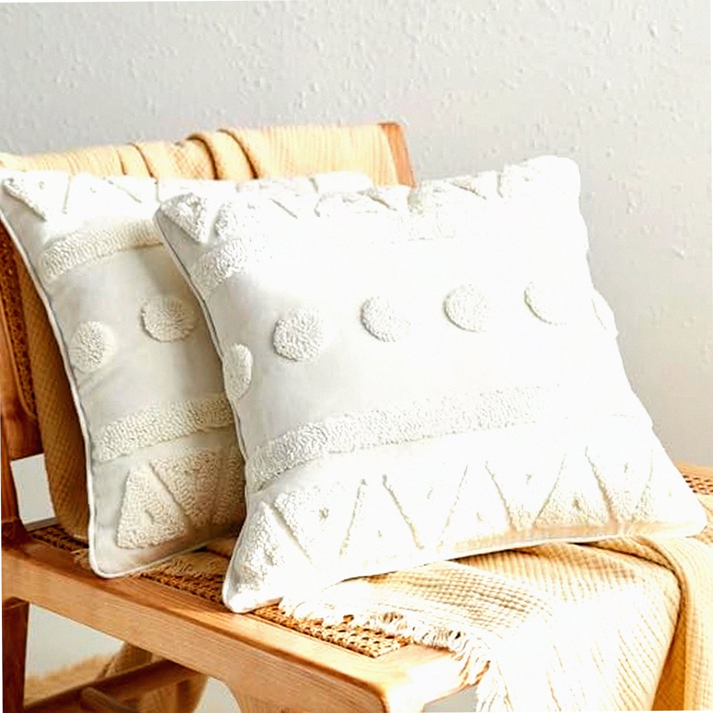 Geometric Boho Cotton Throw Pillow Covers - Set of 2, 18x18 Inch Cream Cushion Cases for Sofa Bed, Soft Textured Farmhouse Decor Accent