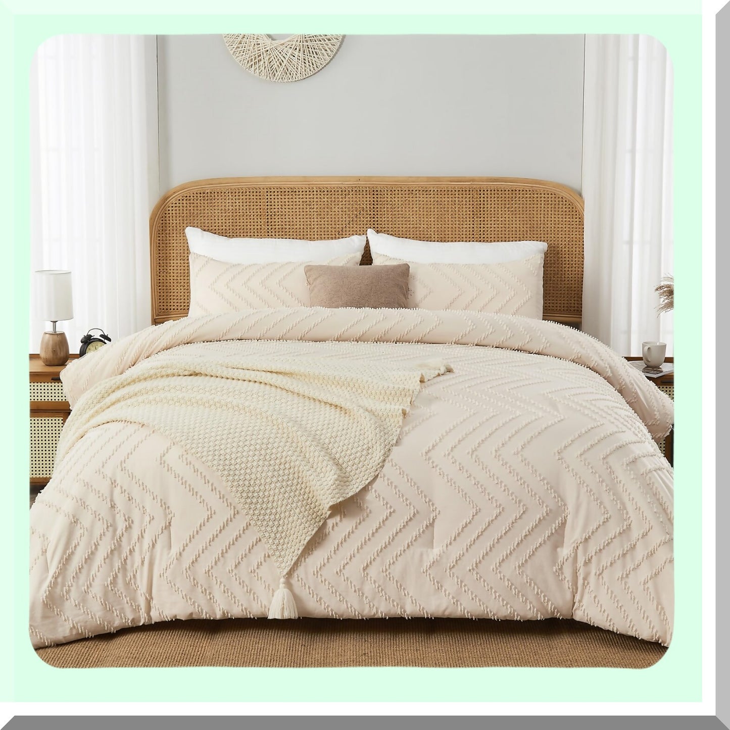 Boho Chic Chevron Comforter Set - Queen Size Bedding Ensemble with Soft Tufted Texture in Neutral Beige and Cream Tones - 3 Piece Aesthetic Farmhouse Bohemian Collection