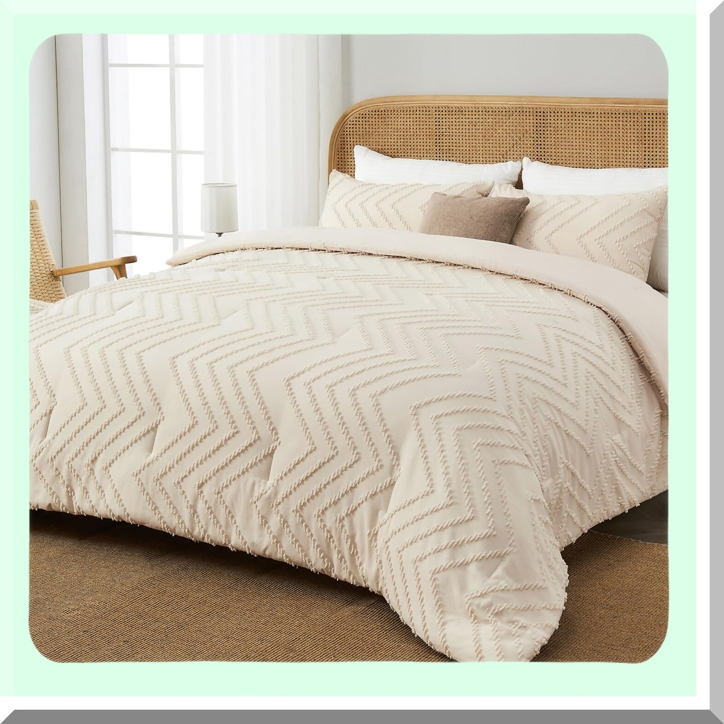 Boho Chic Chevron Comforter Set - Queen Size Bedding Ensemble with Soft Tufted Texture in Neutral Beige and Cream Tones - 3 Piece Aesthetic Farmhouse Bohemian Collection