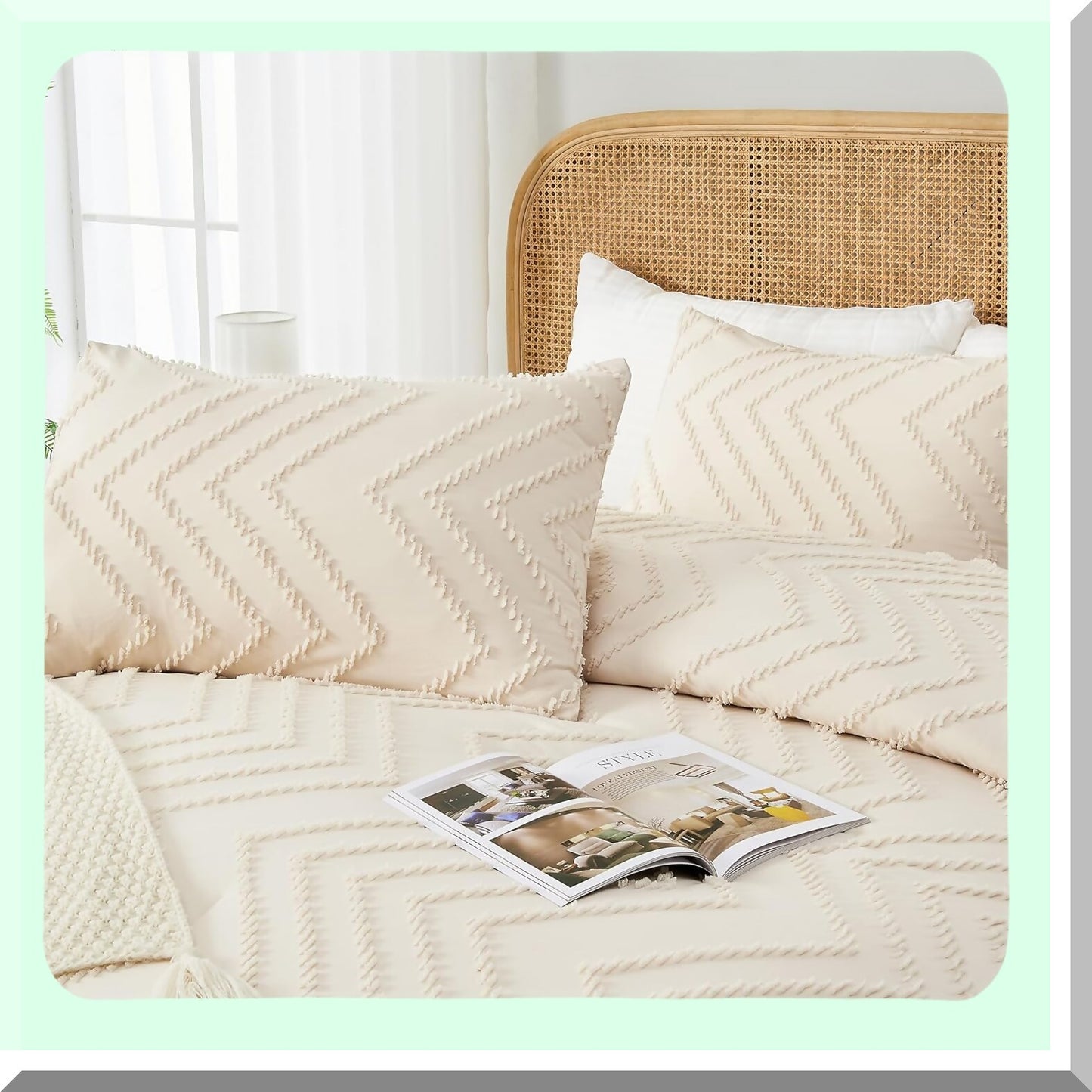 Boho Chic Chevron Comforter Set - Queen Size Bedding Ensemble with Soft Tufted Texture in Neutral Beige and Cream Tones - 3 Piece Aesthetic Farmhouse Bohemian Collection