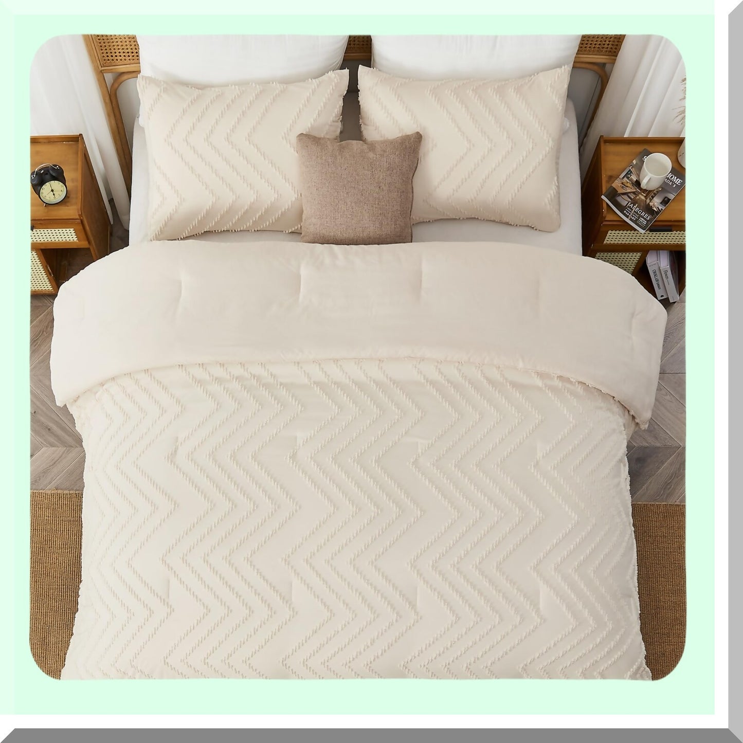 Boho Chic Chevron Comforter Set - Queen Size Bedding Ensemble with Soft Tufted Texture in Neutral Beige and Cream Tones - 3 Piece Aesthetic Farmhouse Bohemian Collection
