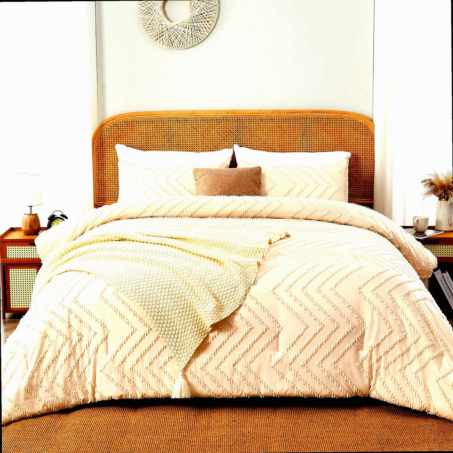 Boho Chic Chevron Comforter Set - Queen Size Bedding Ensemble with Soft Tufted Texture in Neutral Beige and Cream Tones - 3 Piece Aesthetic Farmhouse Bohemian Collection