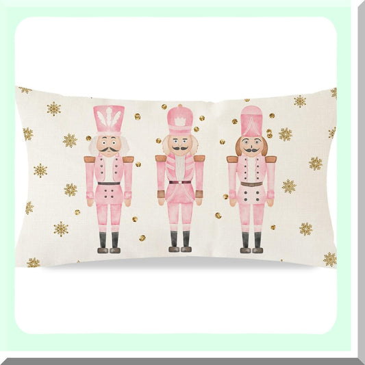 Winter Farmhouse Lumbar Pillow Covers - Pink Nutcracker Decorative Throw Cases for Couch Living Room. Modern Holiday Decor 12x20.
