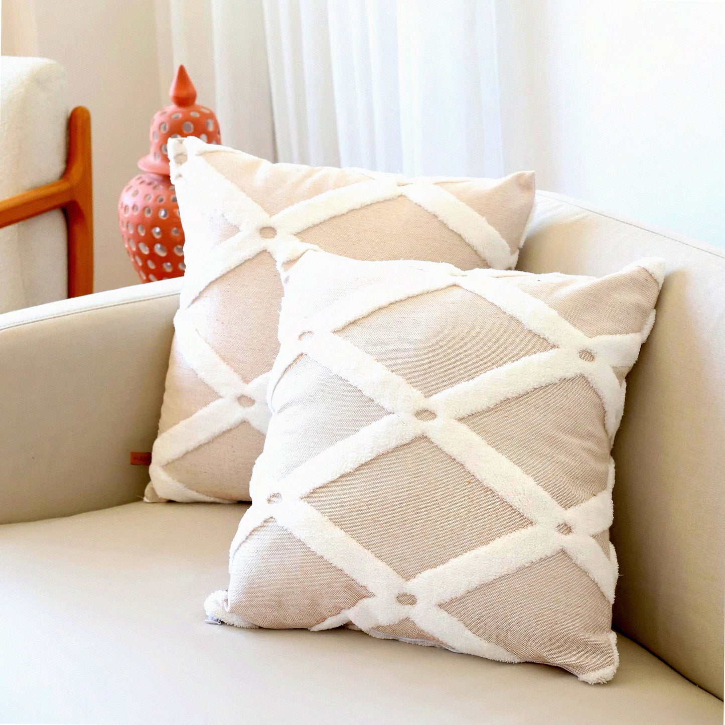 Luxury Home Decor Pillow Cover Set - 22x22 Inch Soft Cushion Case for Sofa Couch, Living Room & Bedroom - Pack of 2 Beige Throw Pillow Covers