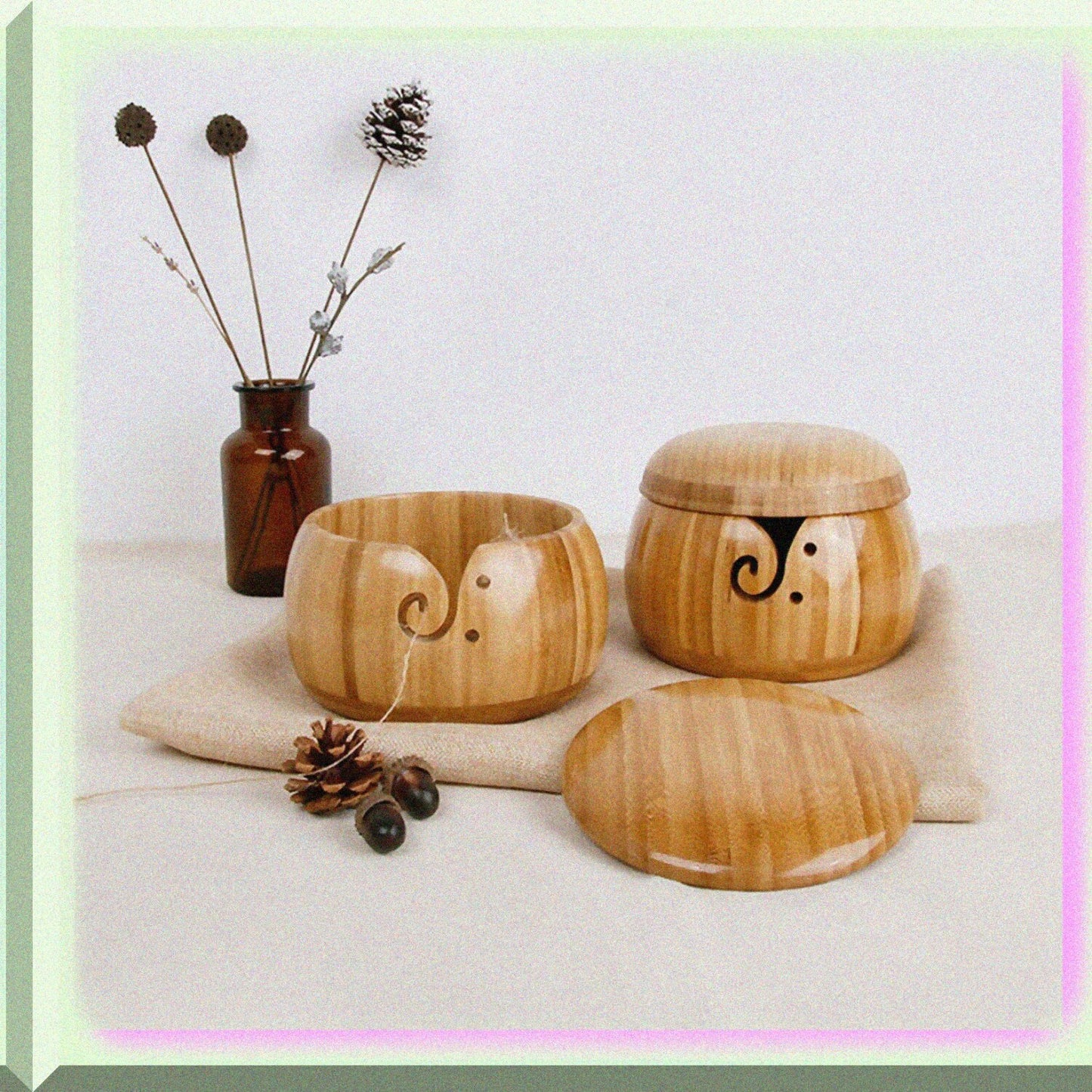 Bamboo Yarn Bowls, 5.9 Inch, Round, Woven, with Lid