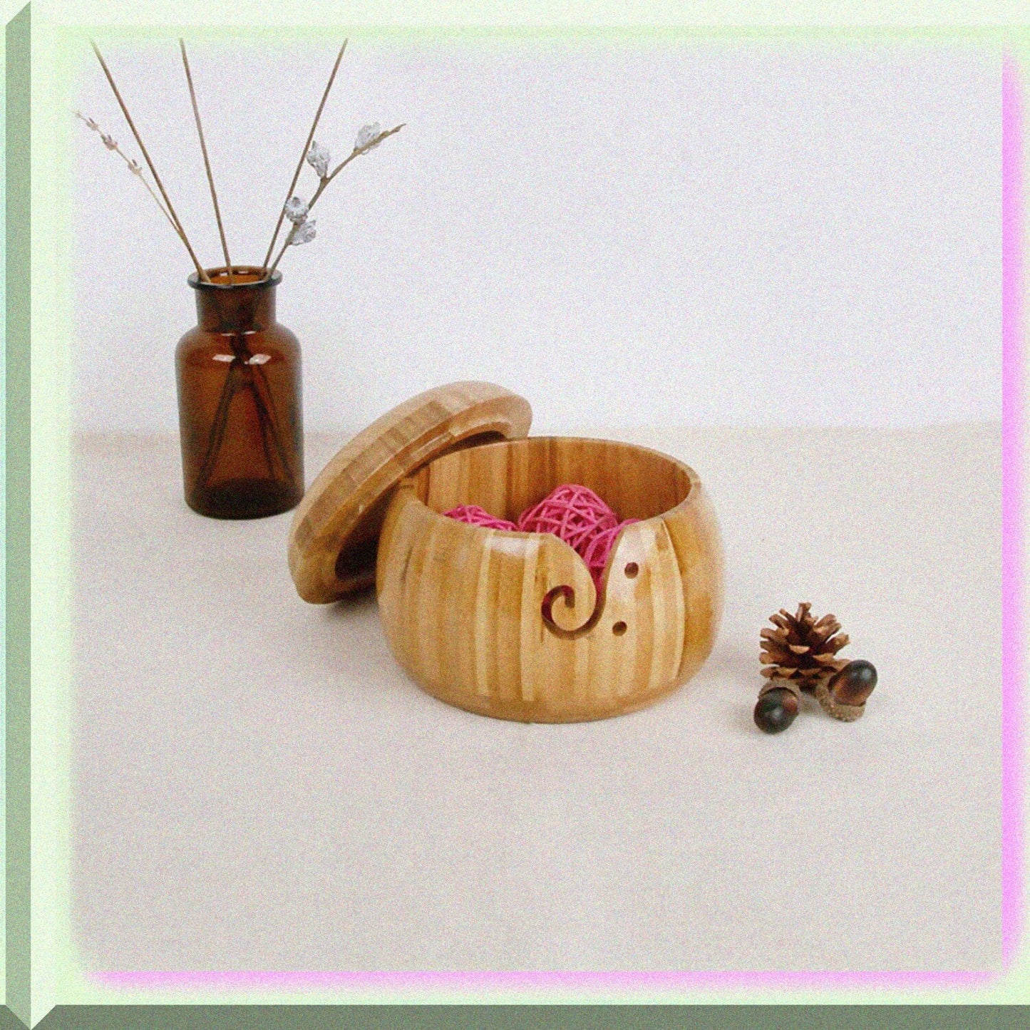 Bamboo Yarn Bowls, 5.9 Inch, Round, Woven, with Lid