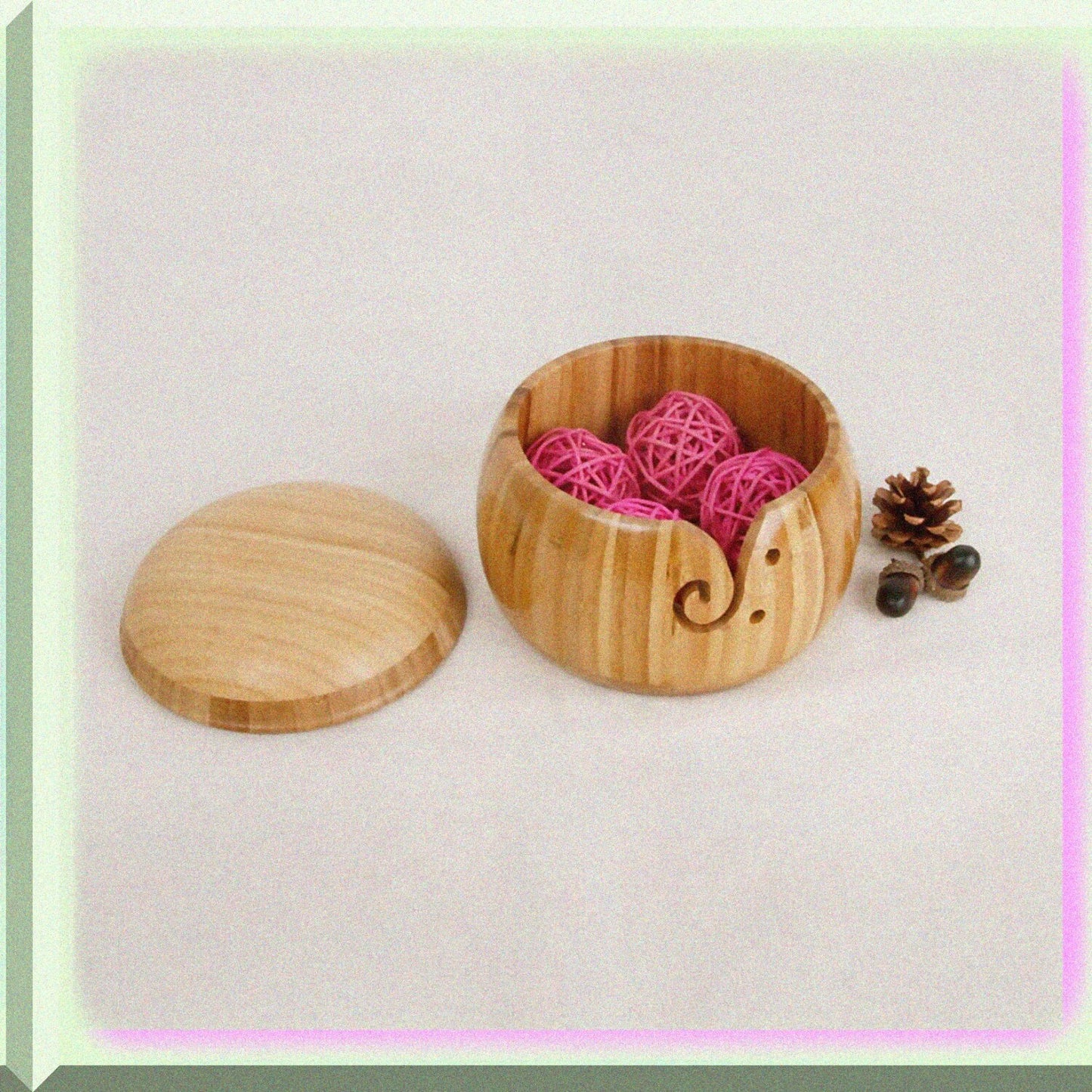 Bamboo Yarn Bowls, 5.9 Inch, Round, Woven, with Lid