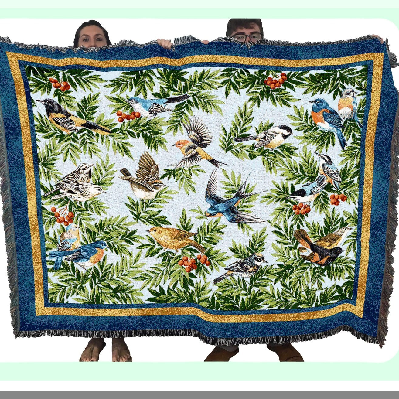 Bird Garden Songbirds Cotton Tapestry Throw - Floral Gift Blanket, Made in USA, 72x54