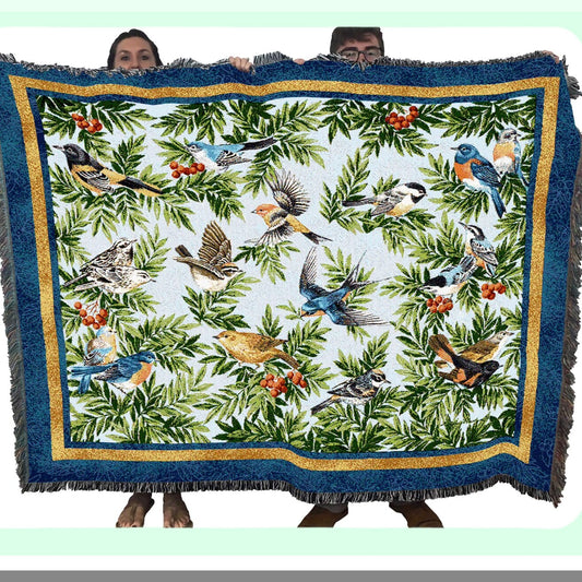 Bird Garden Songbirds Cotton Tapestry Throw - Floral Gift Blanket, Made in USA, 72x54