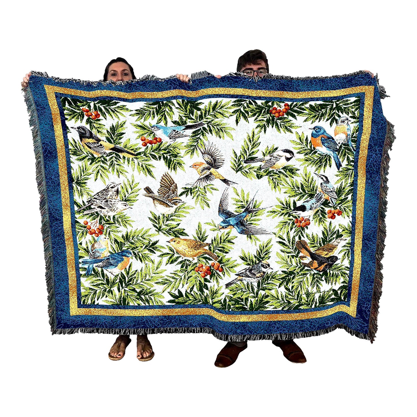 Bird Garden Songbirds Cotton Tapestry Throw - Floral Gift Blanket, Made in USA, 72x54