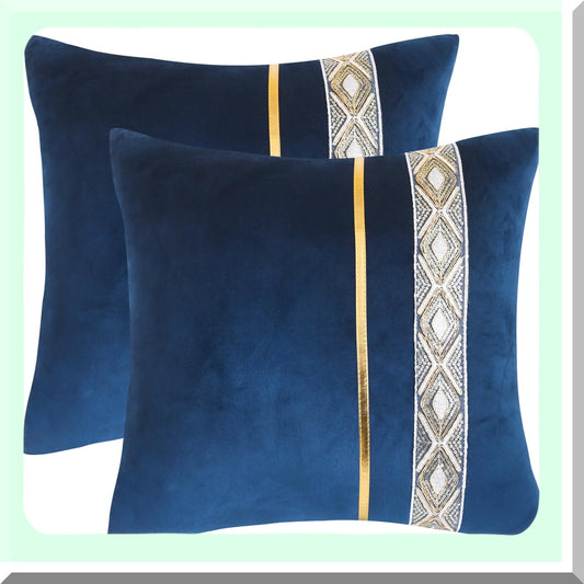 Luxury Navy Blue Velvet Sequin Stripe Pillow Covers - Set of 2 | Gold Leather Embroidered Decorative Cushion Cases for Wedding, Living Room, Bedroom, Sofa Bed