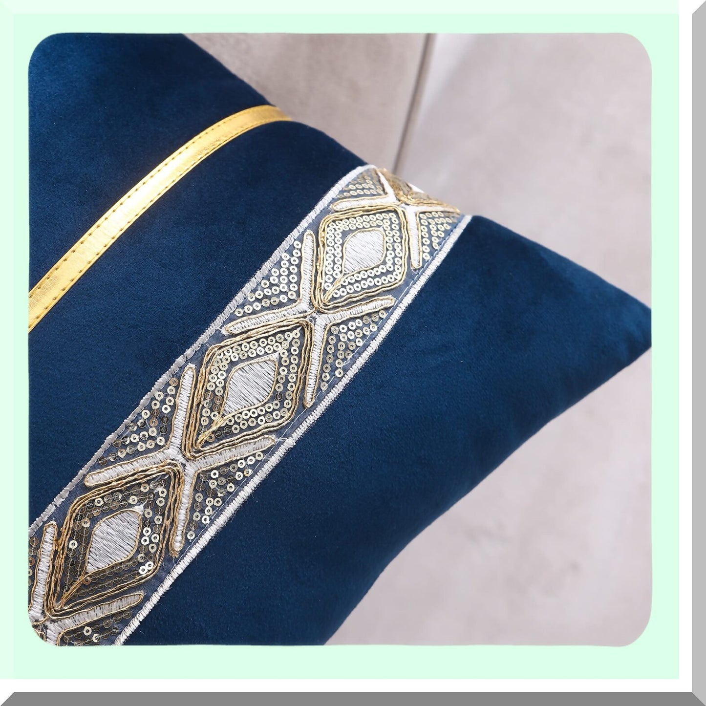 Luxury Navy Blue Velvet Sequin Stripe Pillow Covers - Set of 2 | Gold Leather Embroidered Decorative Cushion Cases for Wedding, Living Room, Bedroom, Sofa Bed