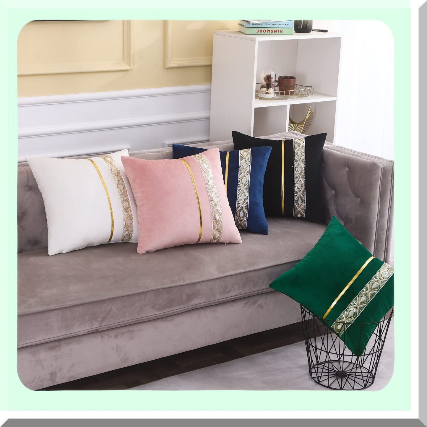 Luxury Navy Blue Velvet Sequin Stripe Pillow Covers - Set of 2 | Gold Leather Embroidered Decorative Cushion Cases for Wedding, Living Room, Bedroom, Sofa Bed