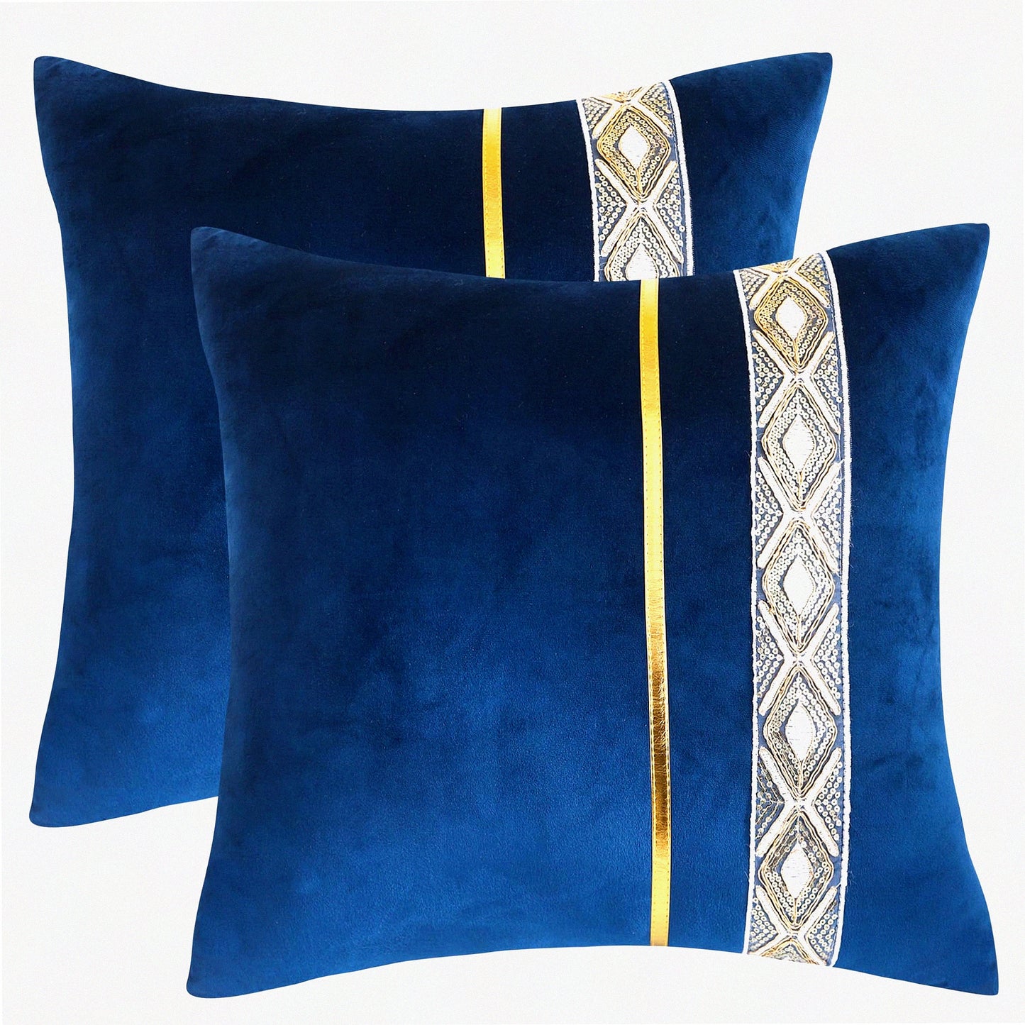 Luxury Navy Blue Velvet Sequin Stripe Pillow Covers - Set of 2 | Gold Leather Embroidered Decorative Cushion Cases for Wedding, Living Room, Bedroom, Sofa Bed